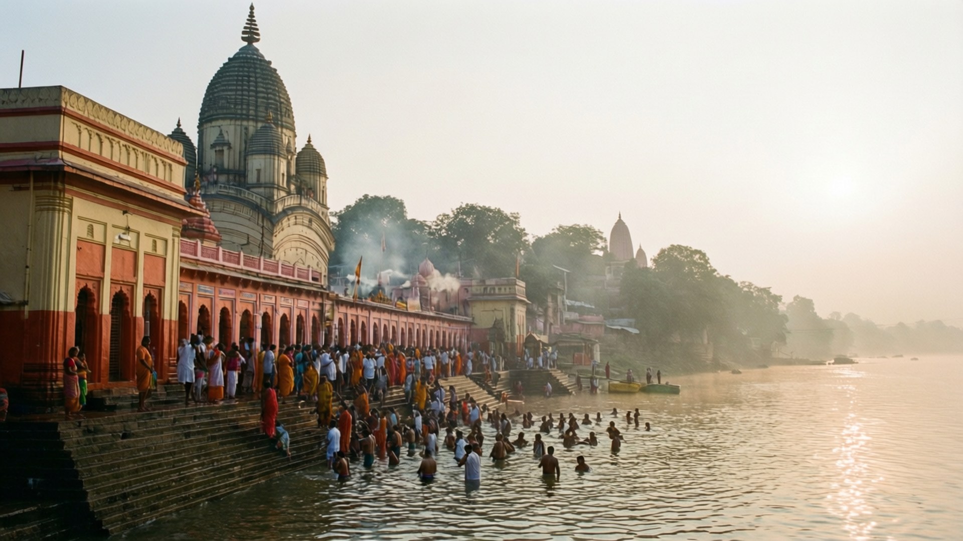 Dakshineswar Morning Ritual 壁紙 — 聖河上的日出，信徒在華麗寺廟旁的石階上沐浴，升起的香煙。
