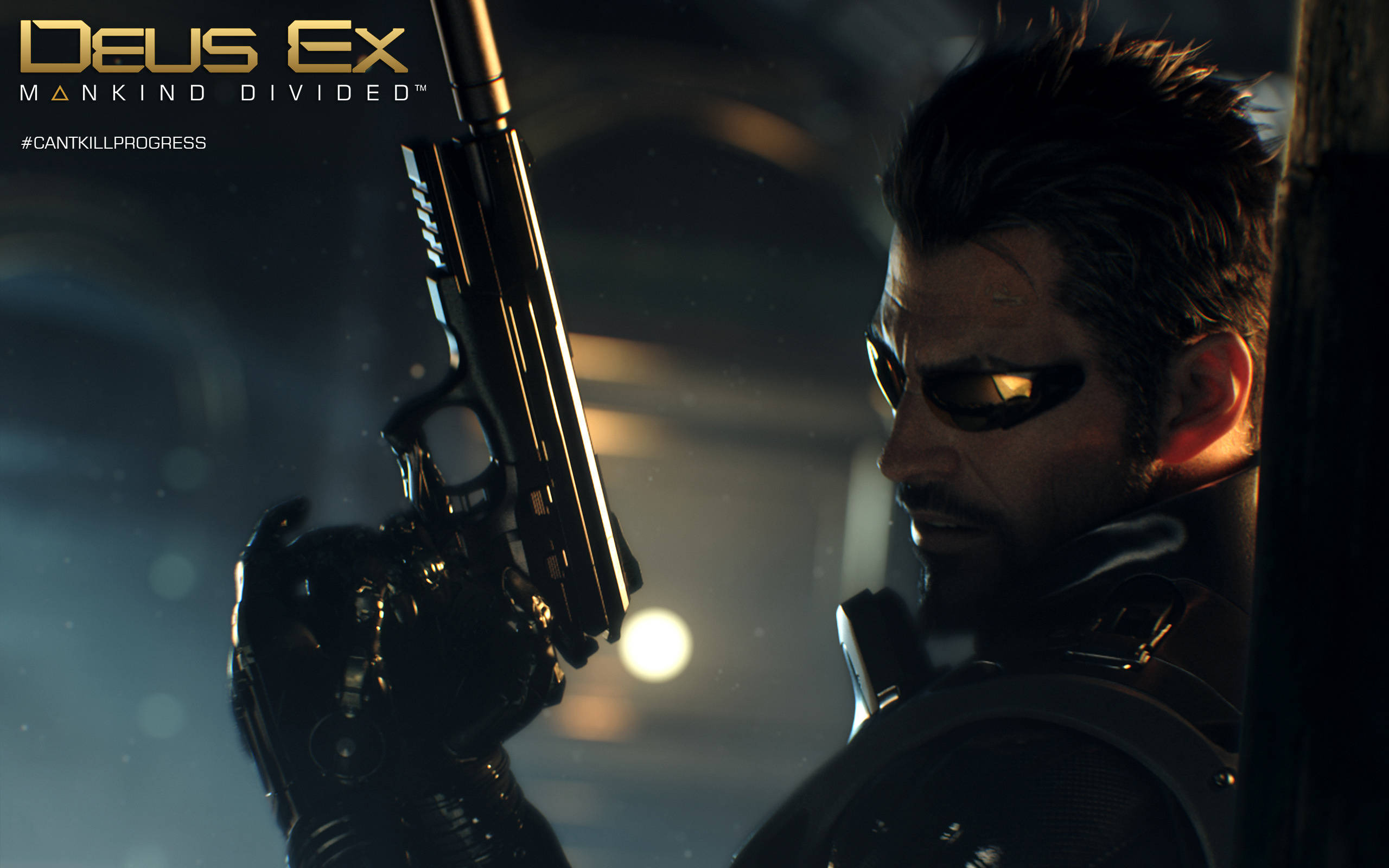 駭客入侵 桌布 壁紙 — 《Deus Ex: Mankind Divided》中的生化士兵在昏暗的未來走廊中，在發光的燈光下瞄準手槍。