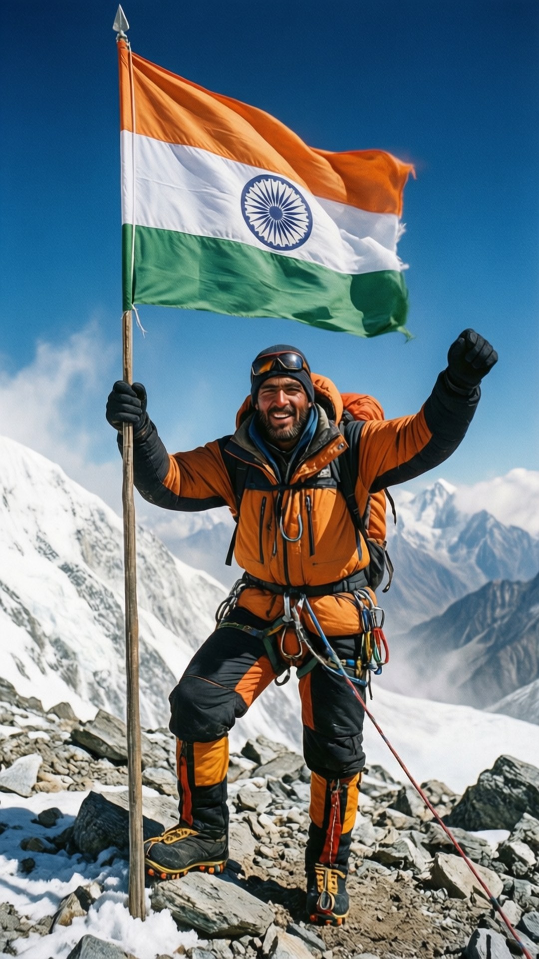 Summit Victory 壁紙 — 一位勝利的登山者身穿橙色裝備，站在白雪覆蓋的山頂，在清澈的藍天下自豪地揮舞著印度國旗。