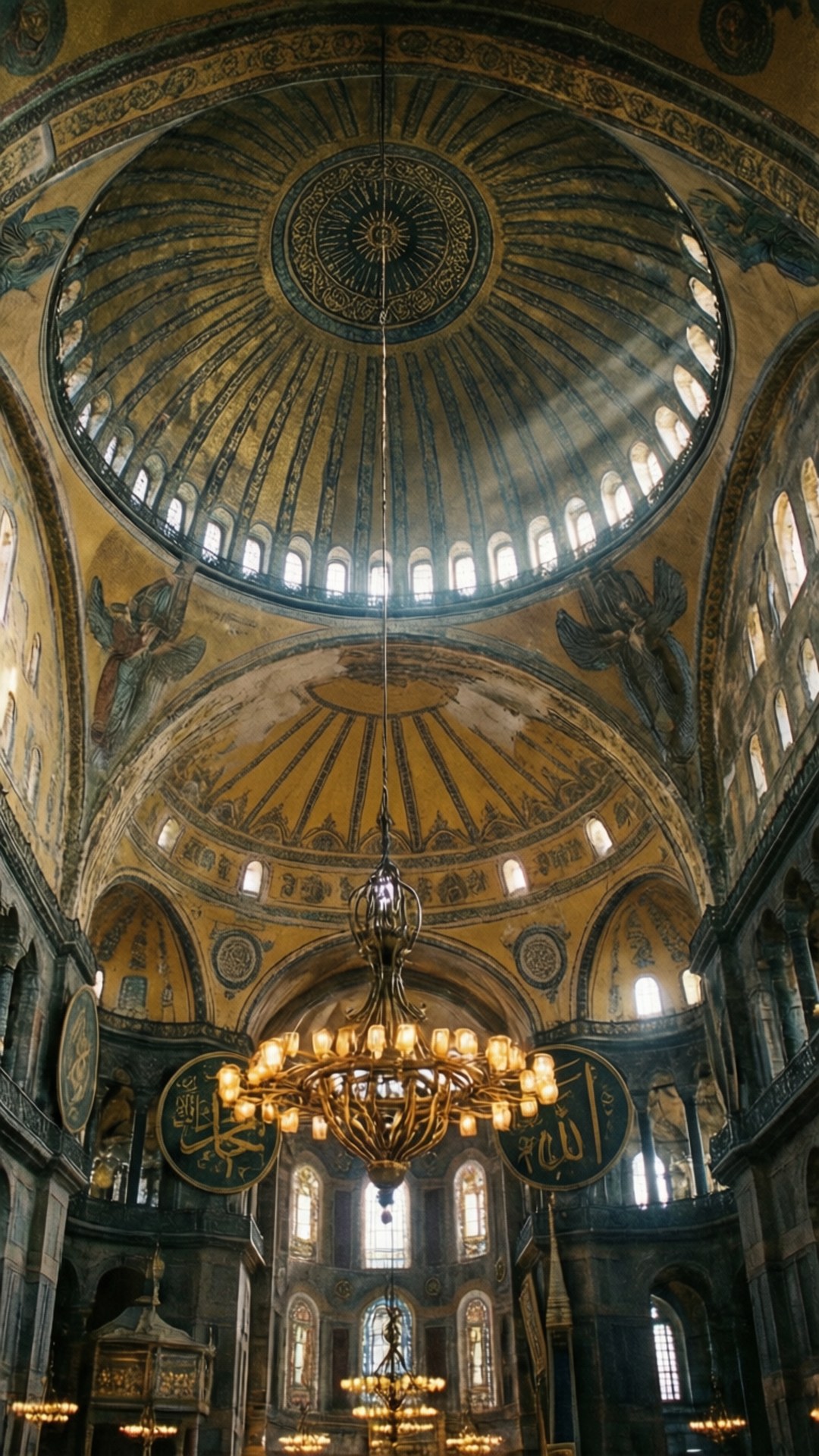 Hagia Sophia Dome 壁紙 — 聖索菲亞大教堂的宏偉內部，金色馬賽克、藍色圓頂和懸掛的吊燈沐浴在柔和自然光中。