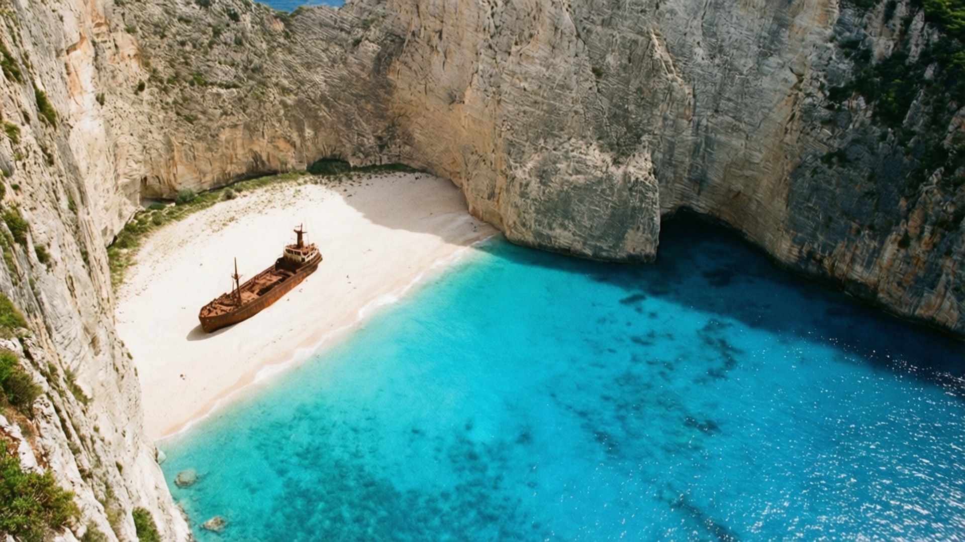 Navagio Beach Paradise 壁紙 — 一艘生鏽的沉船擱淺在白色沙灘上，沙灘位於高聳的懸崖之間，海水呈碧綠色。