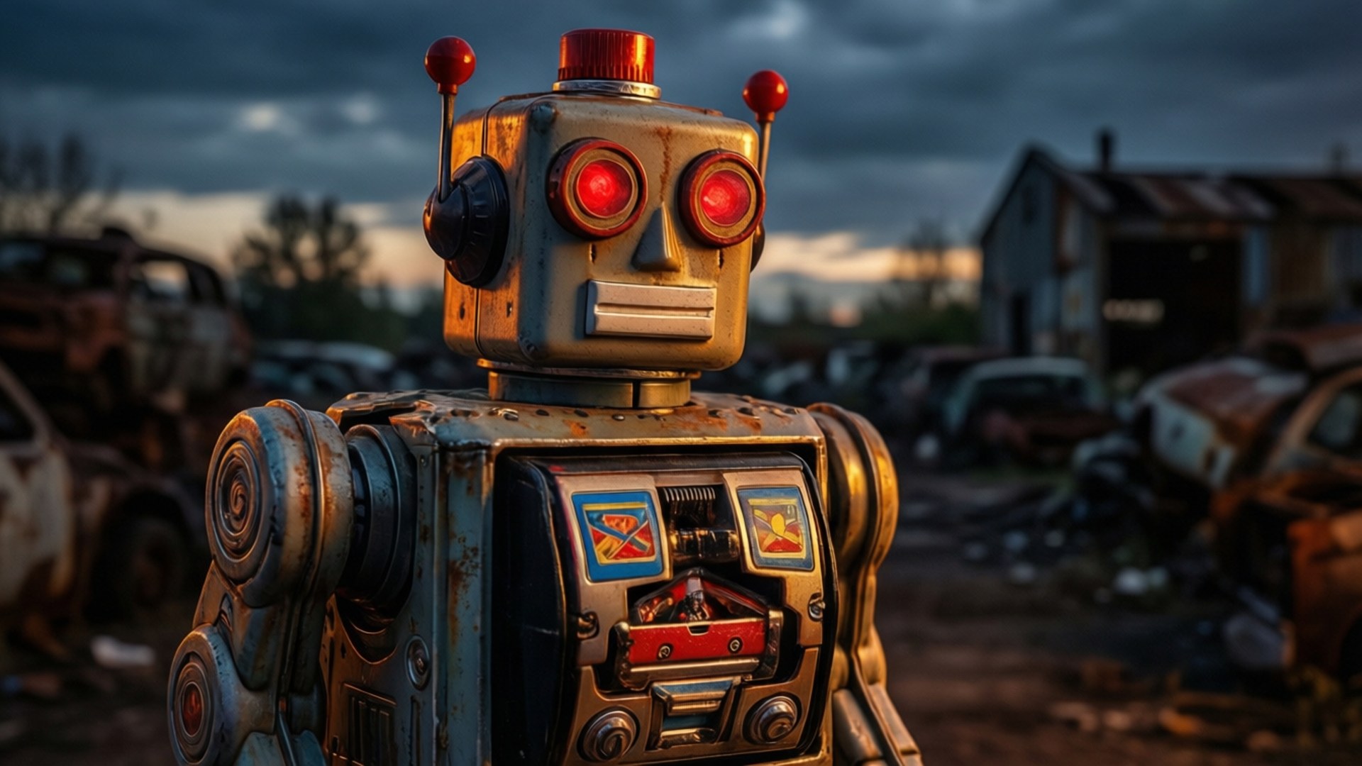 Bad Robot 桌布 壁紙 — 一個生鏽的復古機器人，發光的紅眼睛，在黃昏時分站在廢車場，周圍是廢棄的汽車。