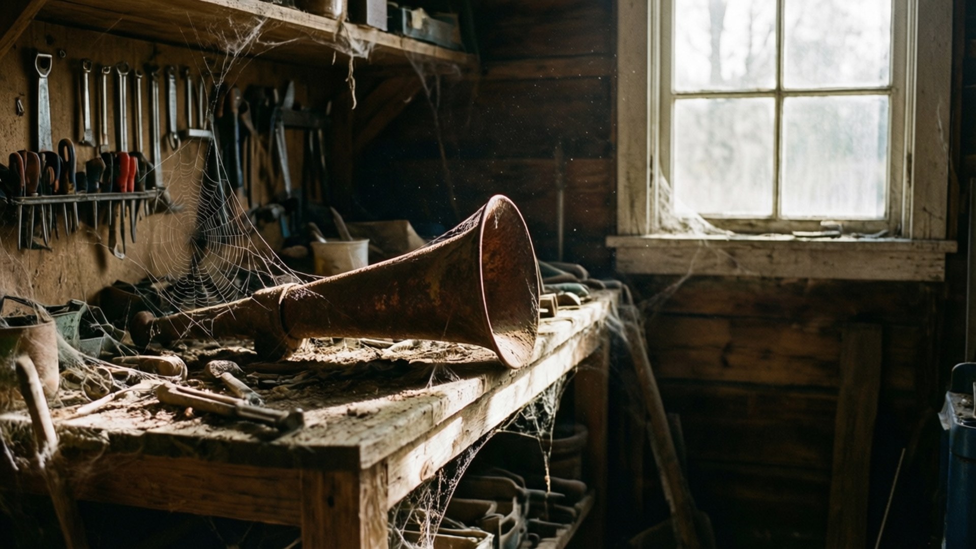 Rustic Shed Air Horn 壁紙 — 一個生鏽的號角放在一個塵封的木製工作台上，位於光線昏暗、佈滿蜘蛛網的工場中，沐浴在柔和的窗光下。