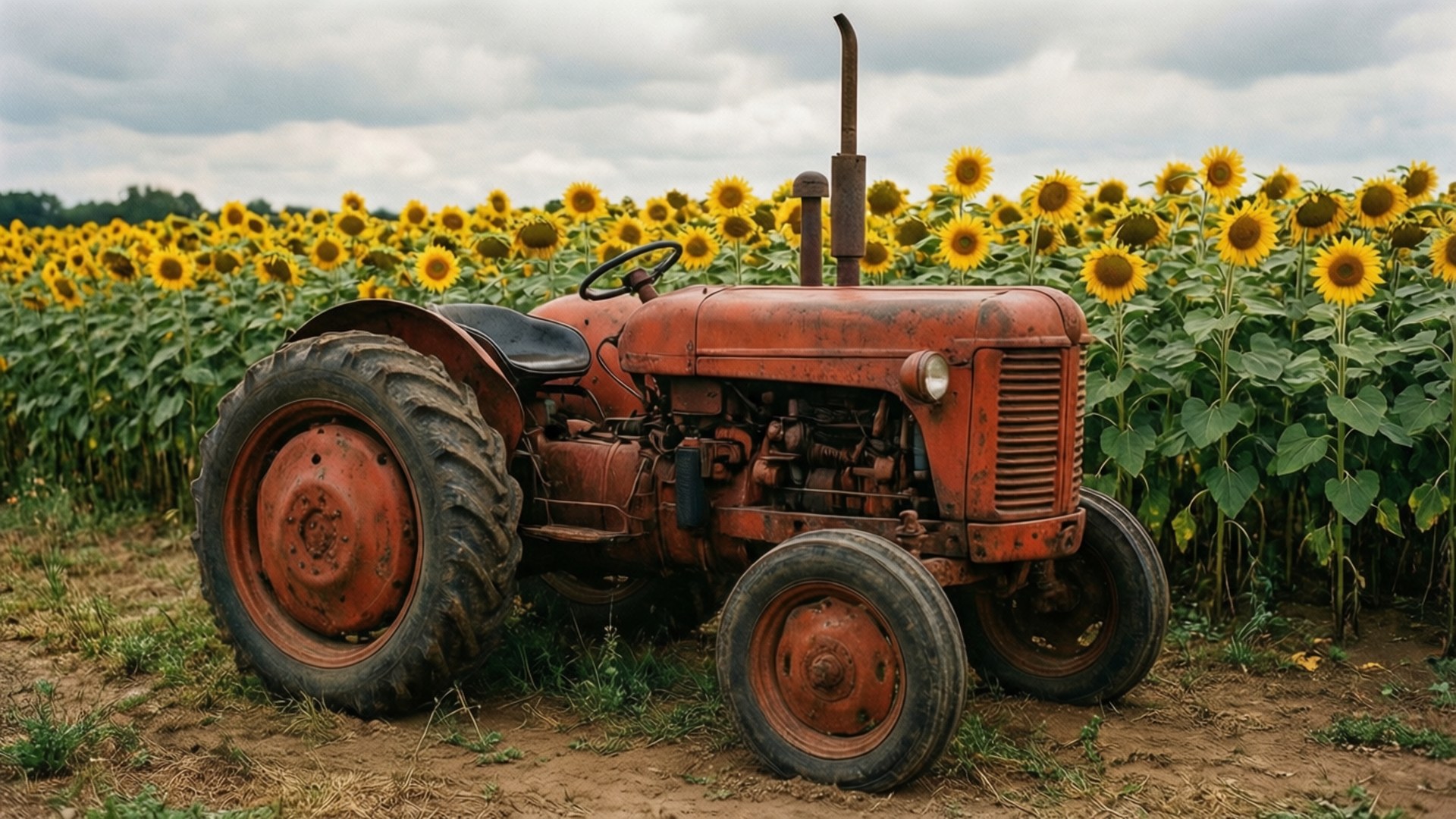 Tractor in Sunflower Field 壁紙 — 一架生鏽的紅色復古拖拉機在陰天的高大向日葵田中休息。