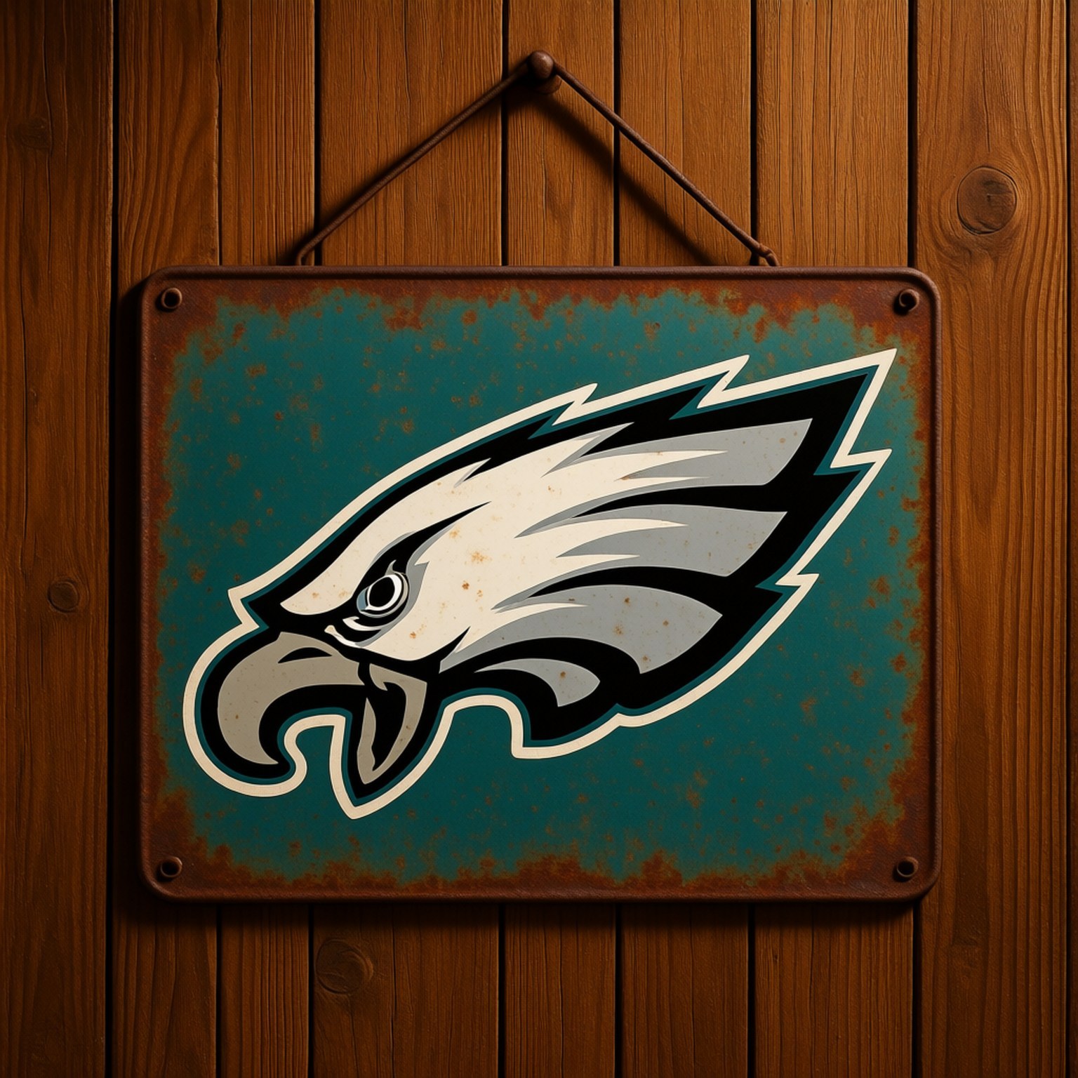 Vintage Eagles Sign 壁紙 — 一個經風化的青綠色和棕色金屬標誌，帶有費城老鷹隊標誌，掛在木牆上。