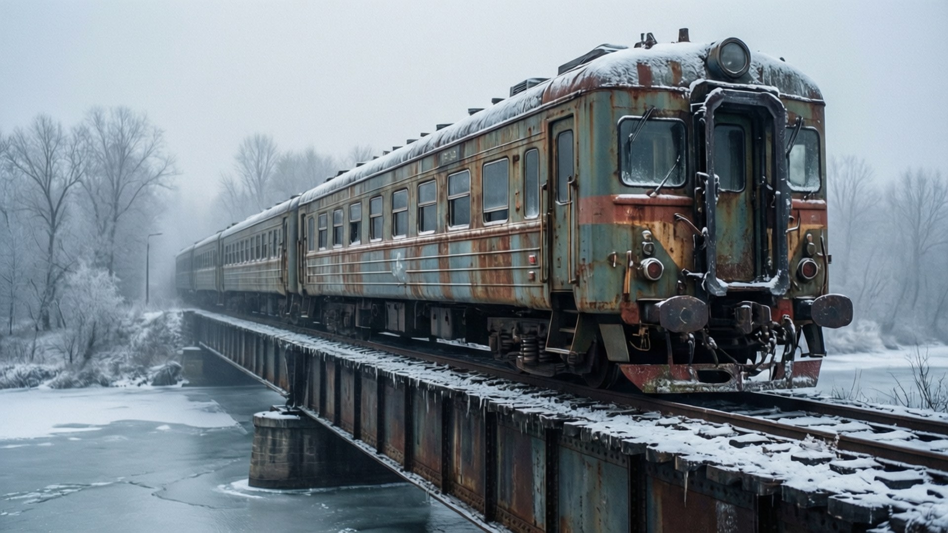 Abandoned Train Bridge 壁紙 — 一列生鏽的火車頂著雪，穿越一座風化的橋樑，橫跨結冰的河流，在霧濛濛的冬季景觀中。