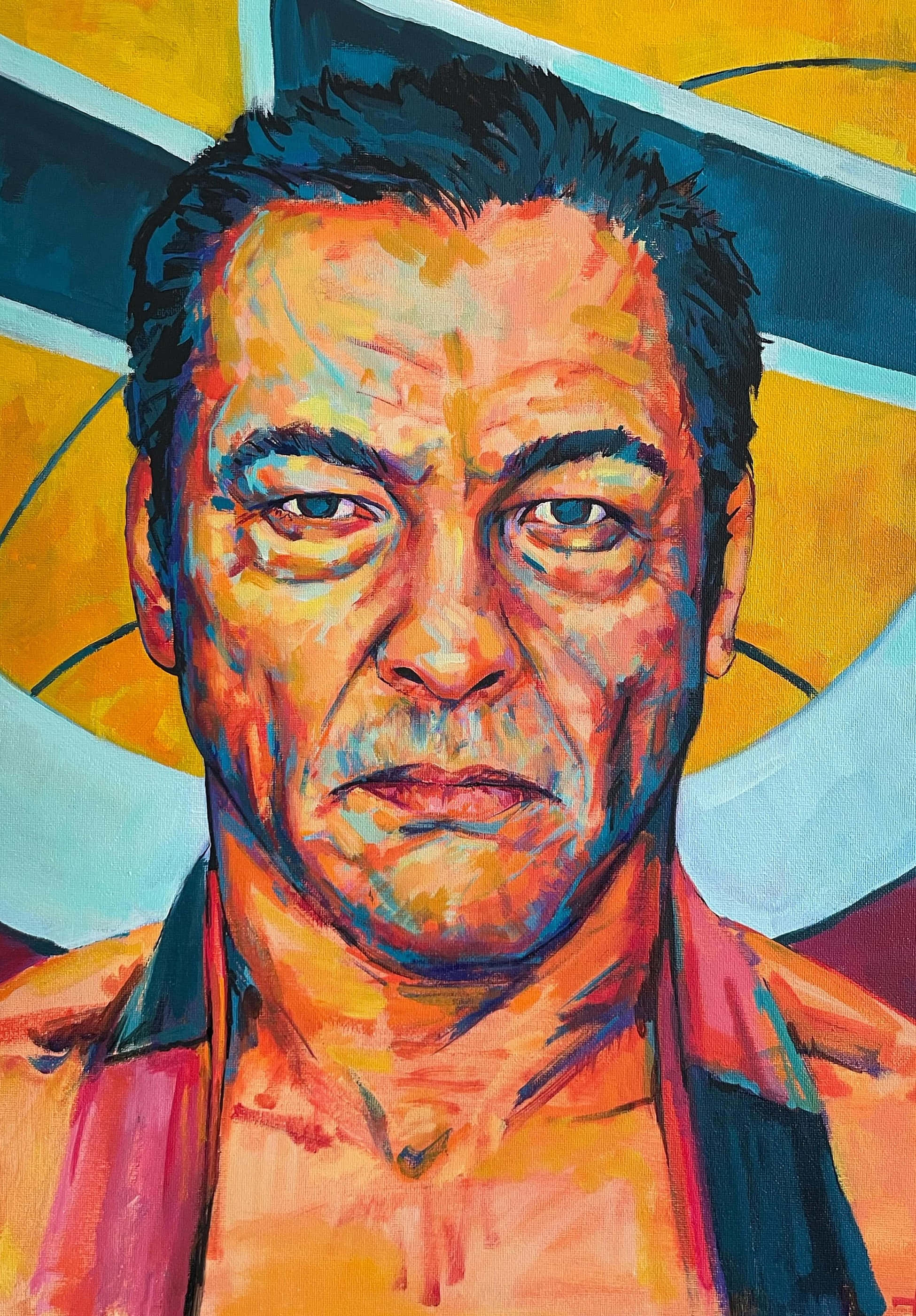 Rickson Gracie 桌布 壁紙 — 一幅生動繪製的男子肖像，眼神銳利，肌膚紋理分明，背景為大膽的黃藍抽象圖案。