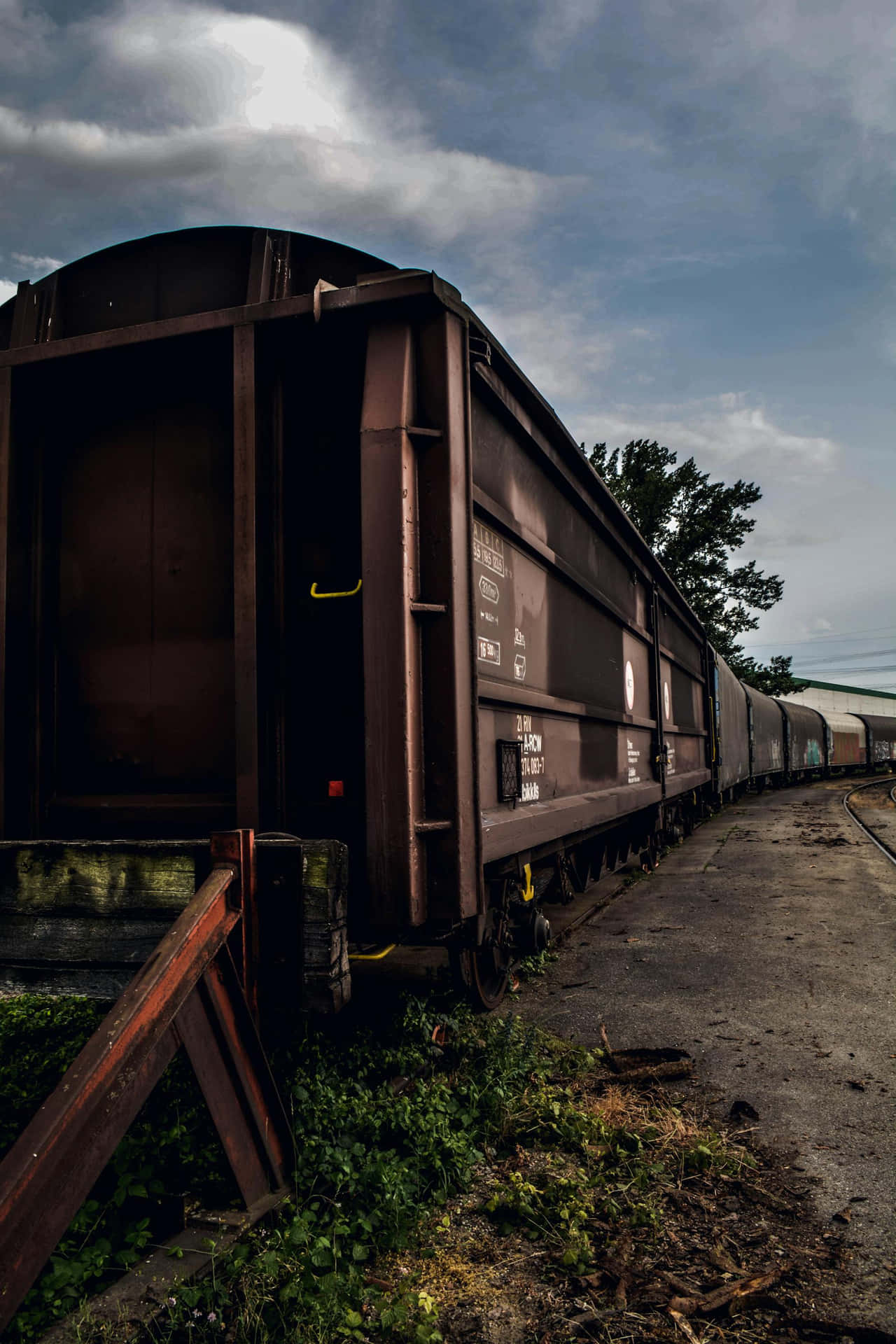  壁紙 — 一輛生鏽的貨運火車車廂被遺棄在陰天之下，底部長滿了雜草。