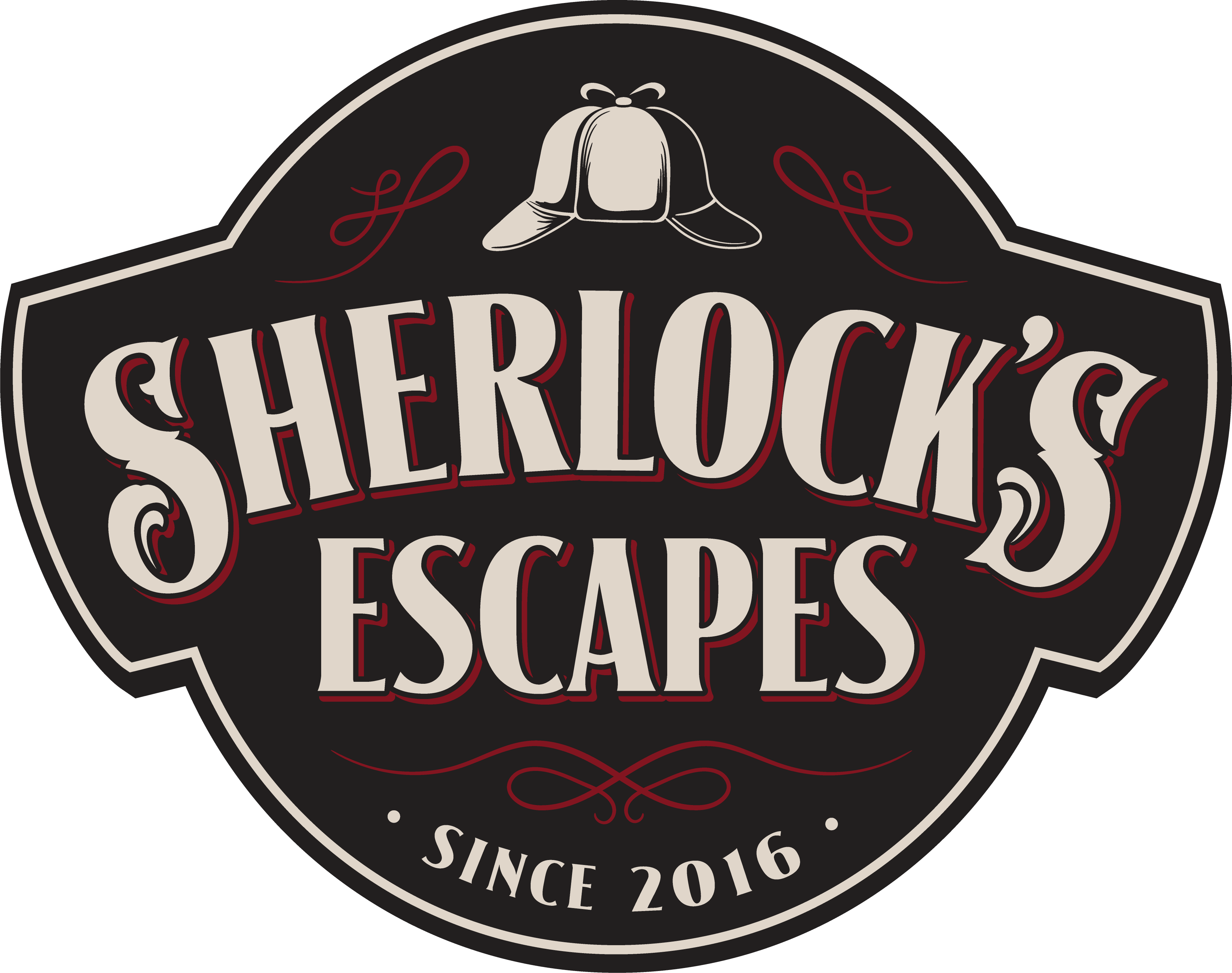 夏洛克 桌布 壁紙 — Sherlock's Escapes 的復古標誌，採用獵鹿帽和華麗字體，背景為黑色。