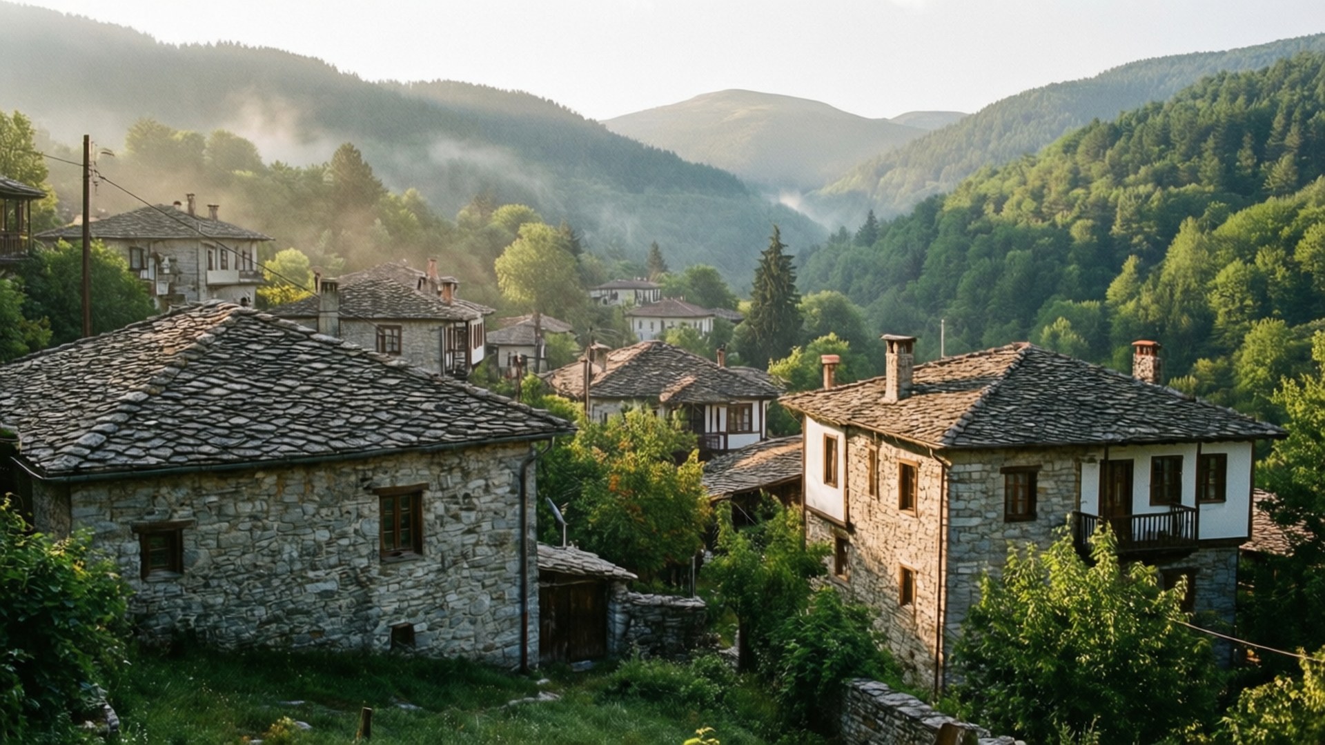 Zagori Mountain Village 壁紙 — 石板屋頂的石屋坐落在黎明時分被鬱鬱蔥蔥的青山環繞的霧谷中。