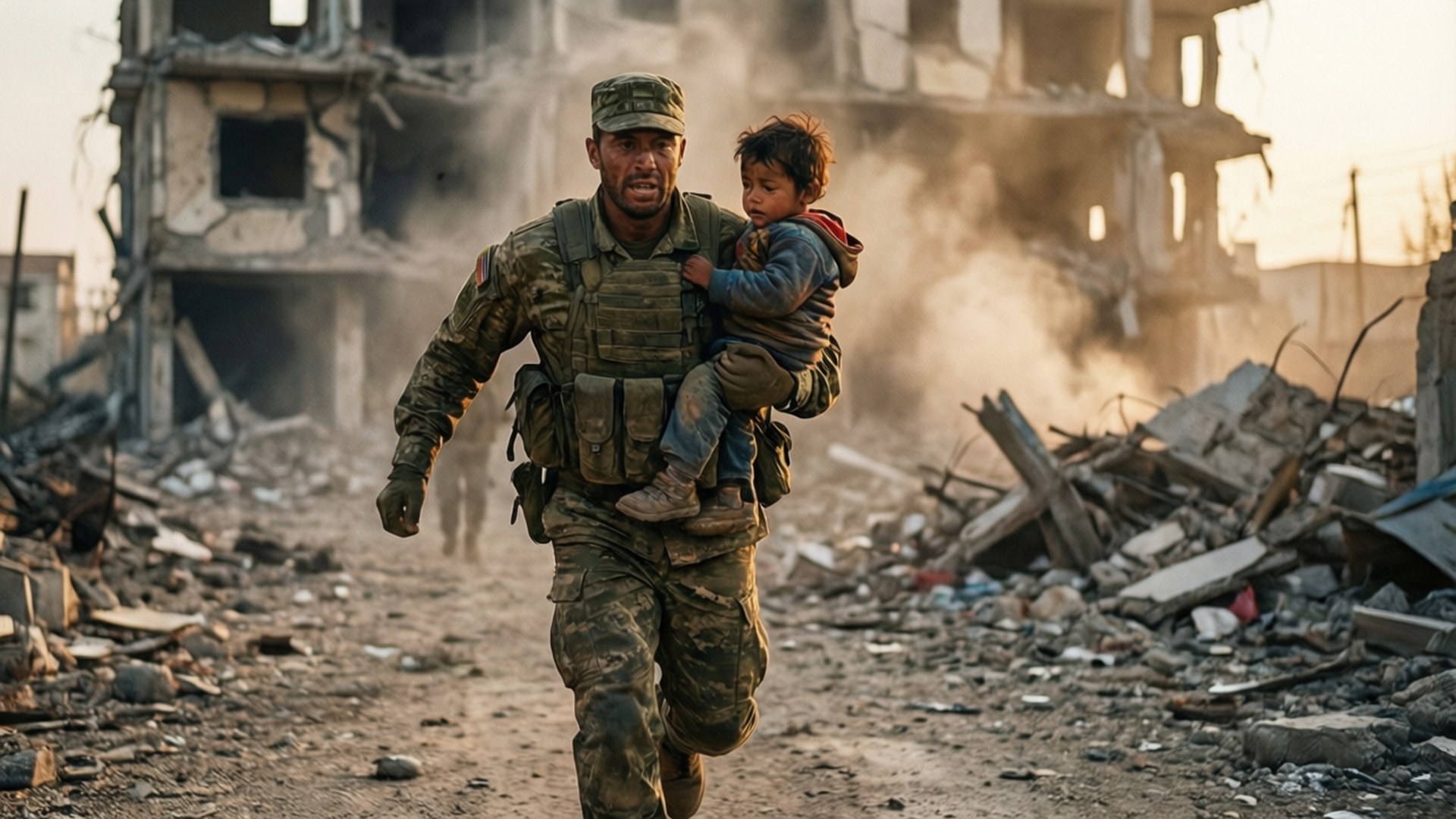 Rescue Mission 壁紙 — 一名身穿迷彩服的士兵抱著一個小孩跑過瓦礫，被毀建築物冒出濃煙。