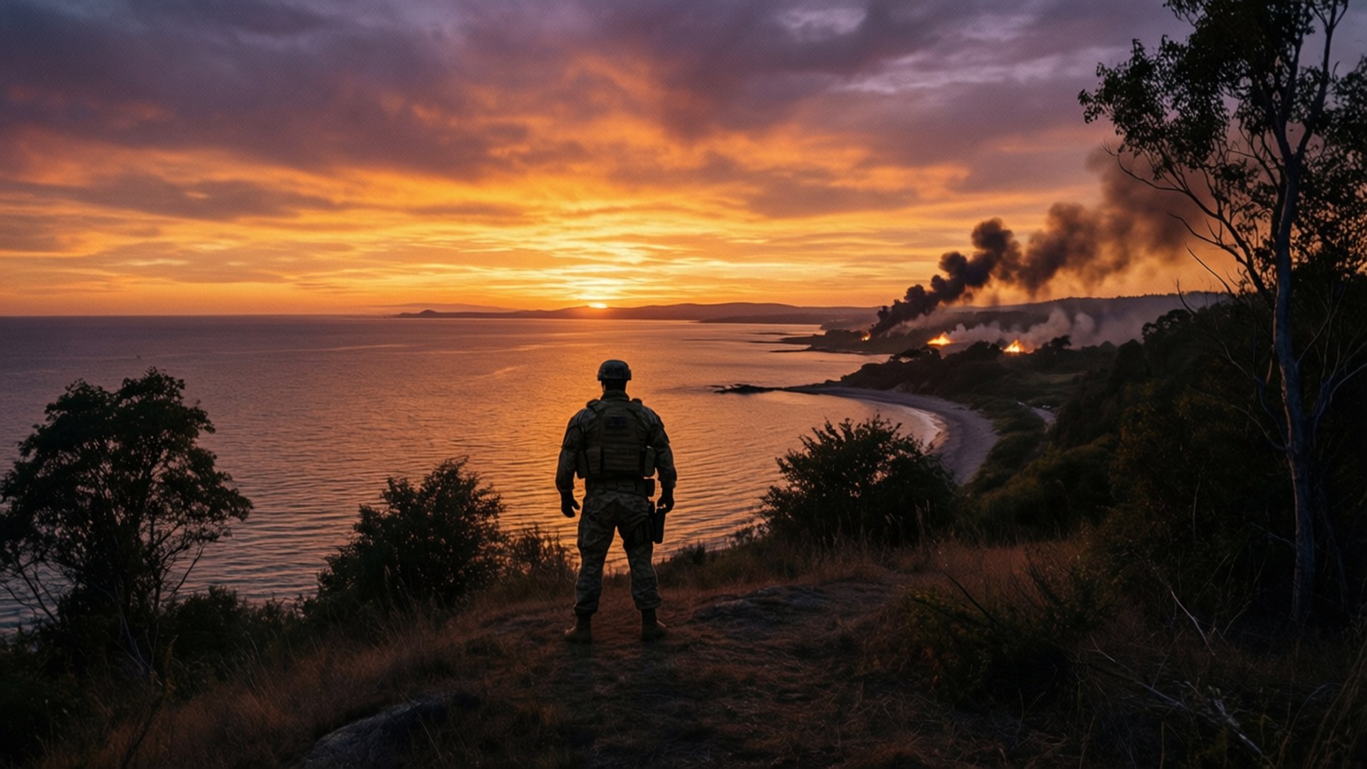 Tarkov 桌布 壁紙 — 一名士兵以剪影站在懸崖上，俯瞰著熾熱的日落，而遠處的山火沿著海岸線燃燒。