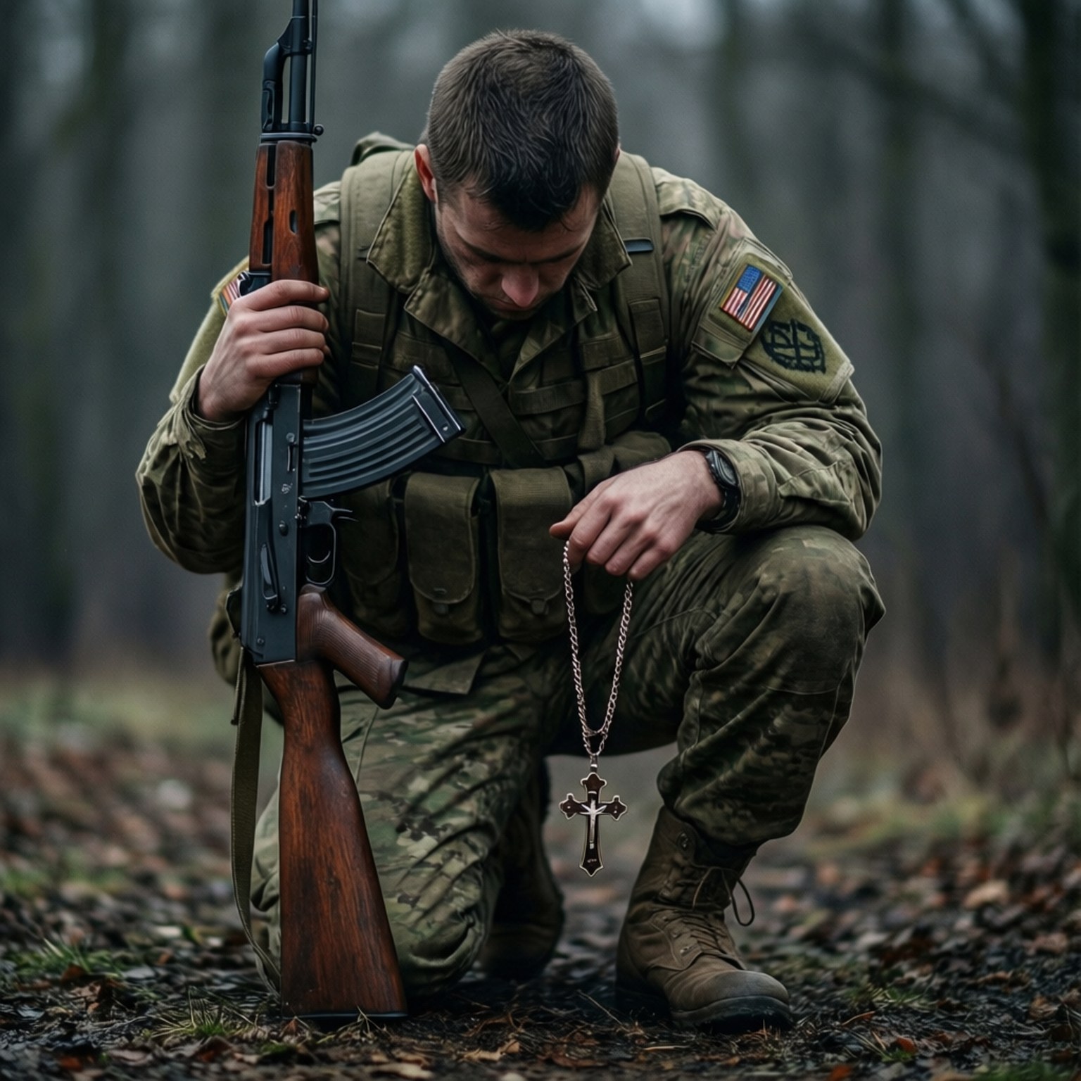 Faith and Duty 壁紙 — 一名士兵在霧氣瀰漫的森林中跪下，手持步槍和十字架項鍊，氣氛莊嚴。