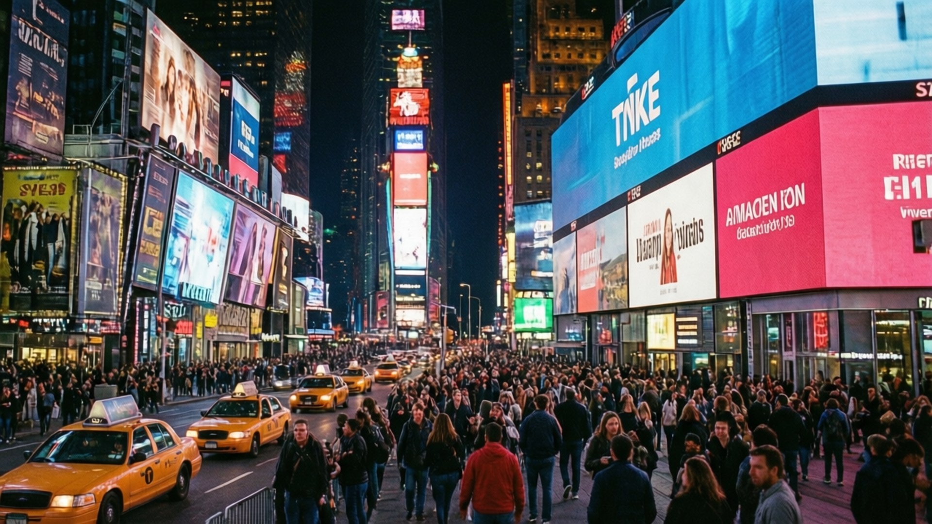 Times Square Neon Night 壁紙 — 時代廣場夜晚繁忙的街道，擠滿人群、行人、黃色的士和高聳明亮的數位廣告看板。