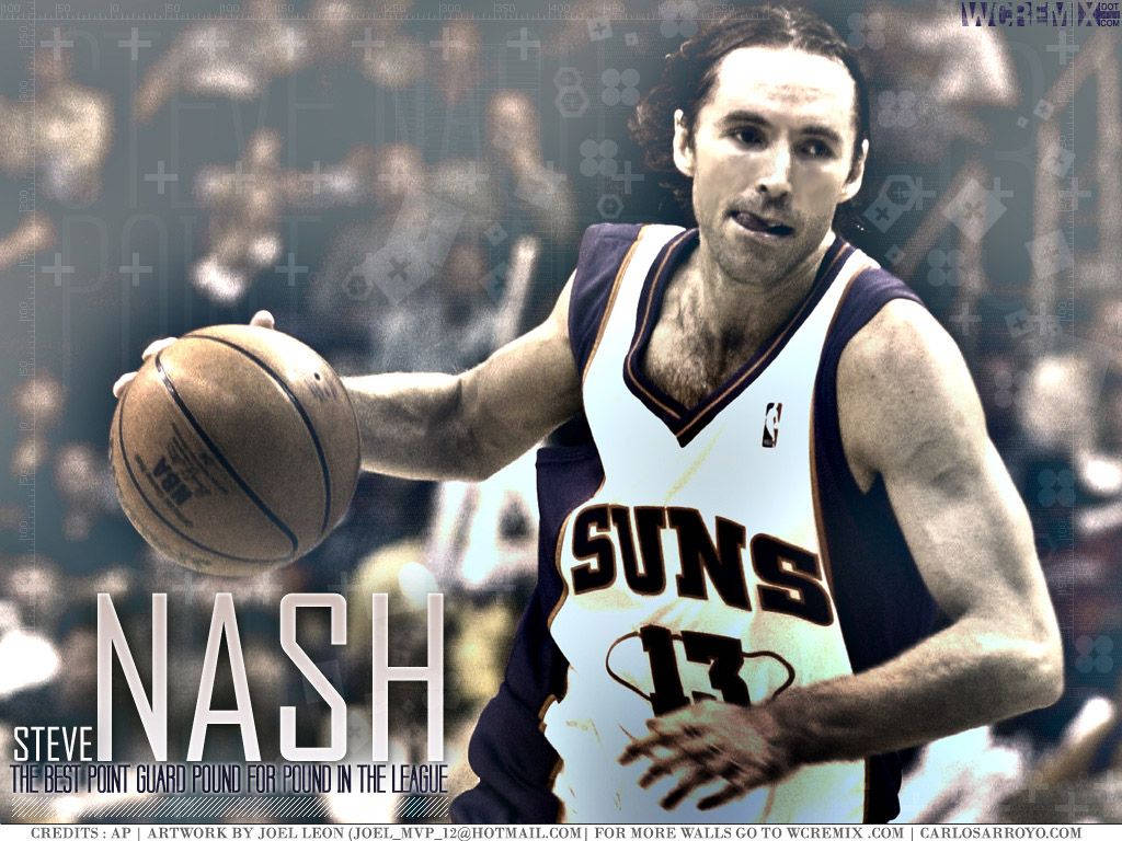 史蒂夫·納許在比賽中身穿太陽隊球衣運球。 — NBA 壁紙