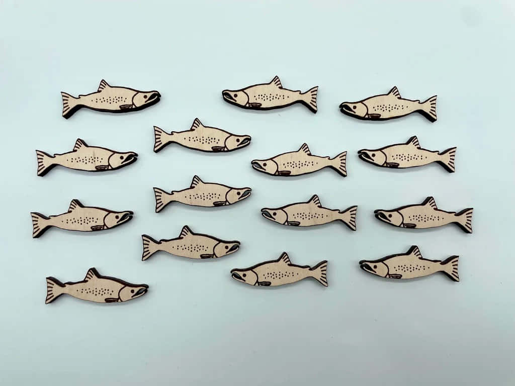  壁紙 — 十二個雷射切割木製鮭魚形狀裝飾品整齊排列在淡藍色表面上。
