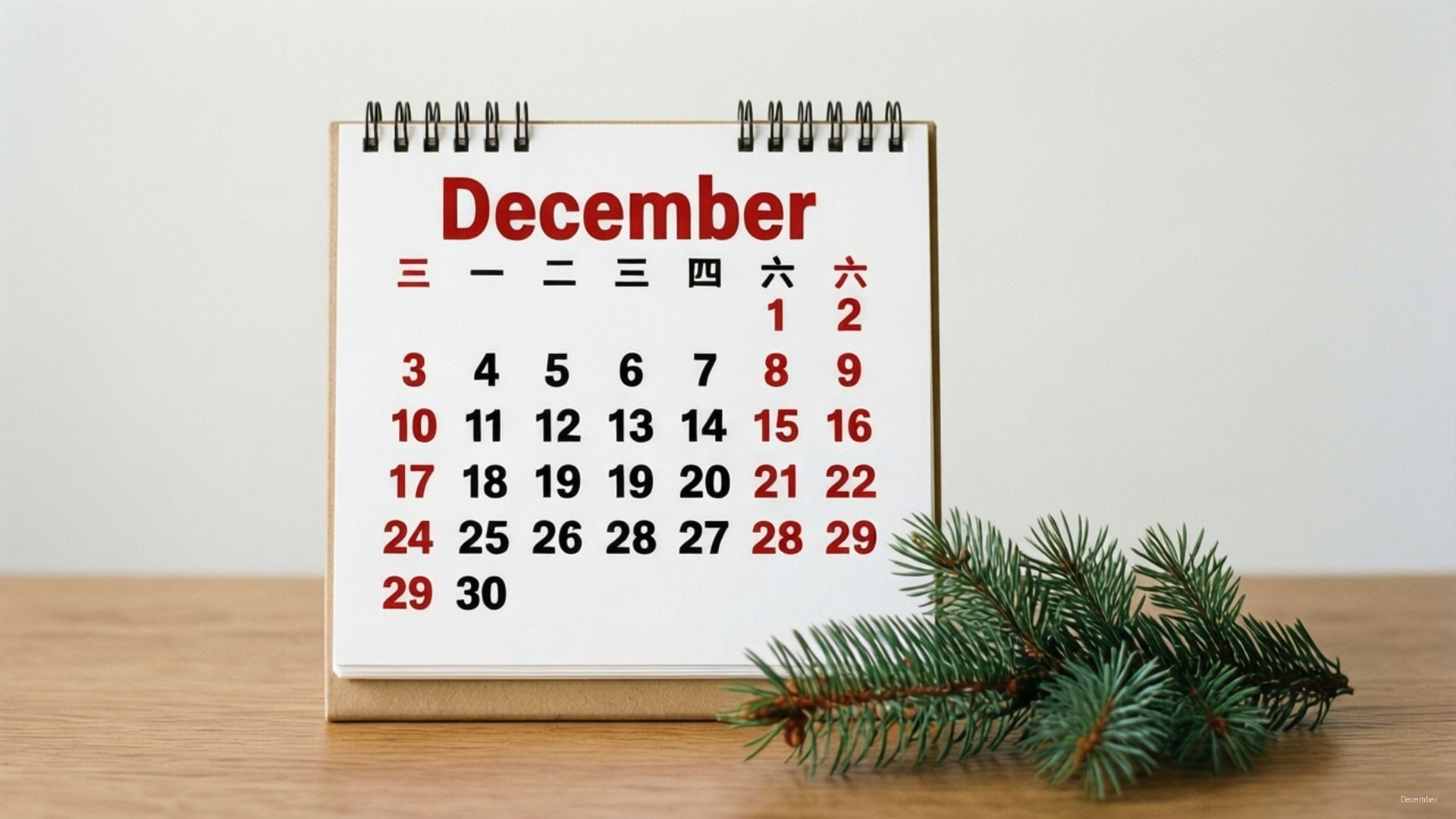 Minimalist December Calendar 壁紙 — 一個帶有紅色和黑色數字的十二月日曆放在木質表面上，旁邊有一根綠色松樹枝。