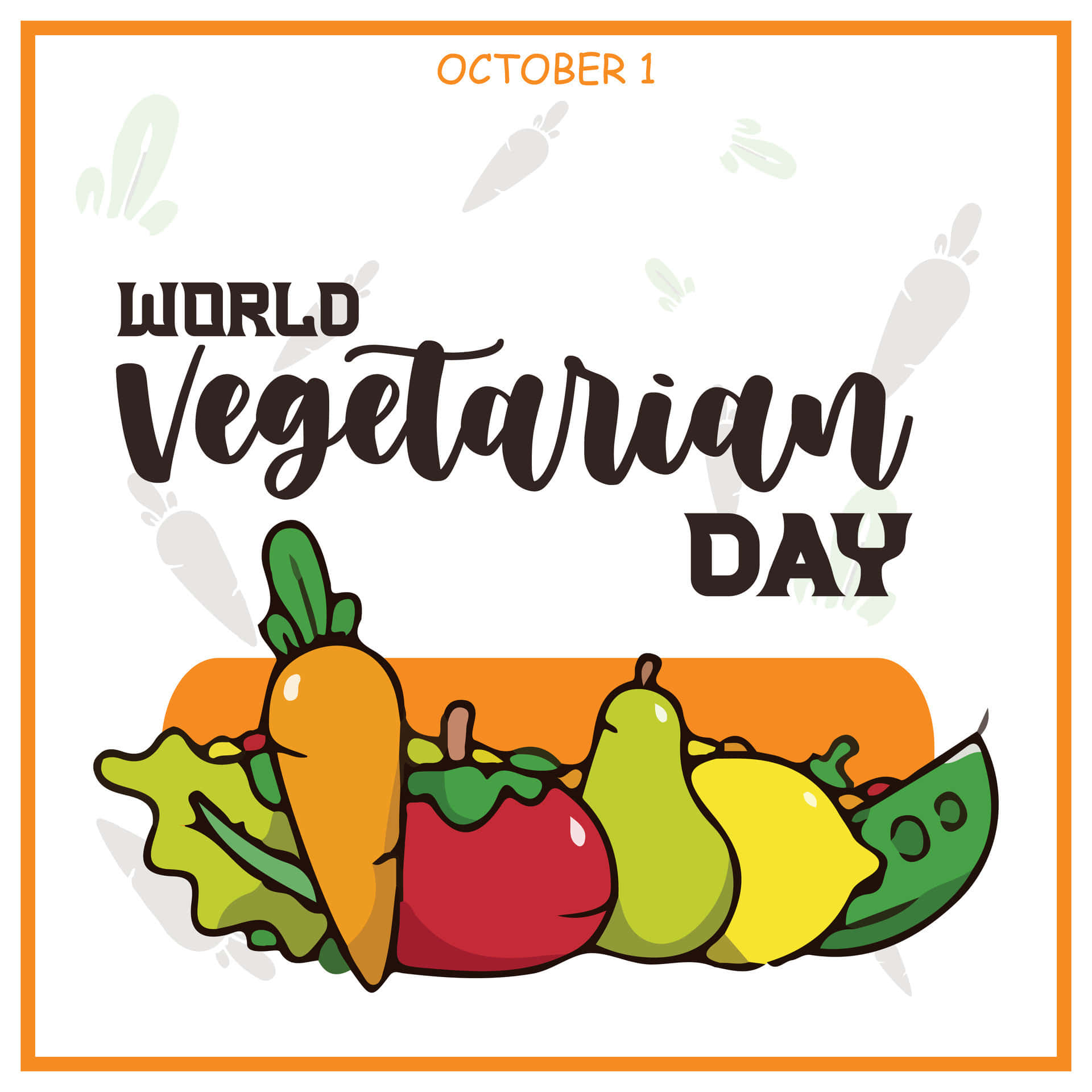  壁紙 — 一幅歡樂的卡通插圖慶祝世界素食日，在粗體文字下方排列著色彩繽紛的蔬菜，如胡蘿蔔、番茄和豌豆。