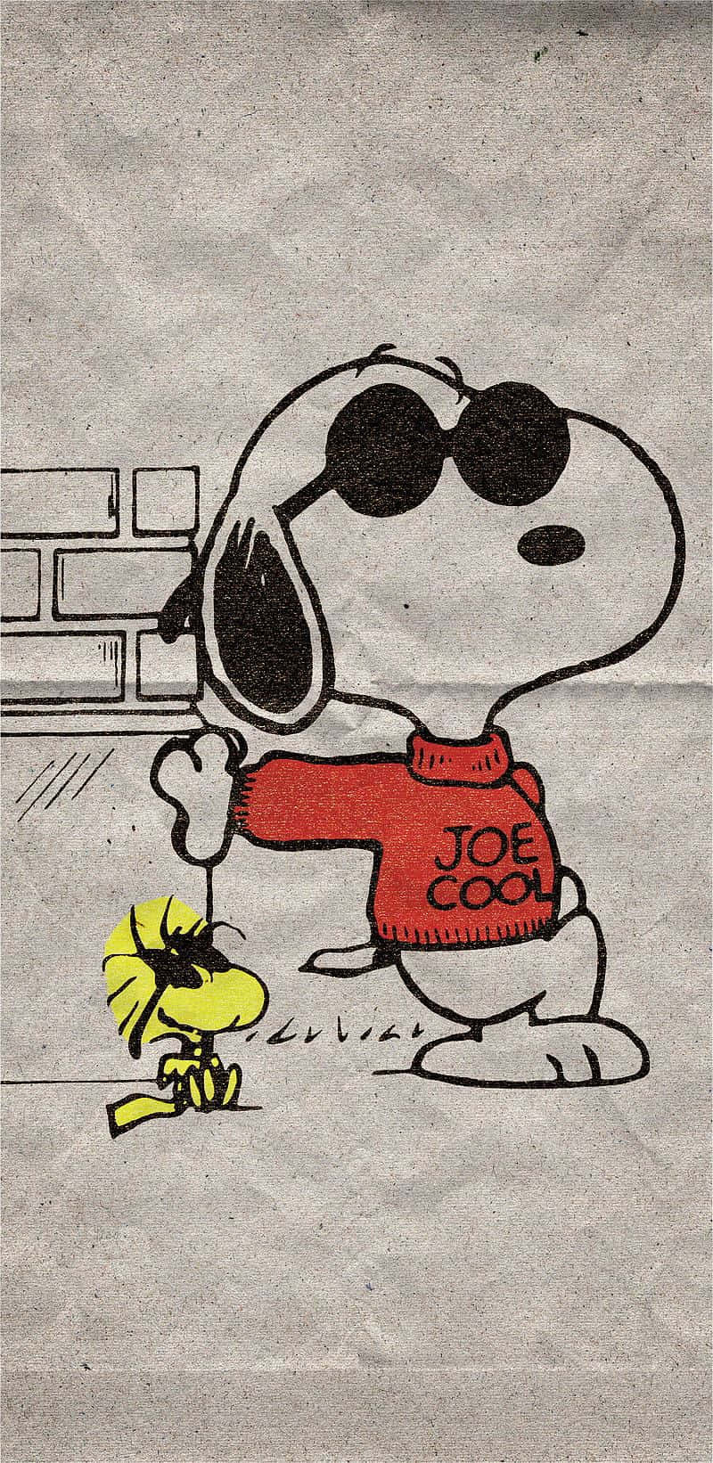  壁紙 — 史努比穿著紅色「JOE COOL」毛衣和太陽眼鏡，酷酷地站在磚牆旁，而胡士托則坐在附近。