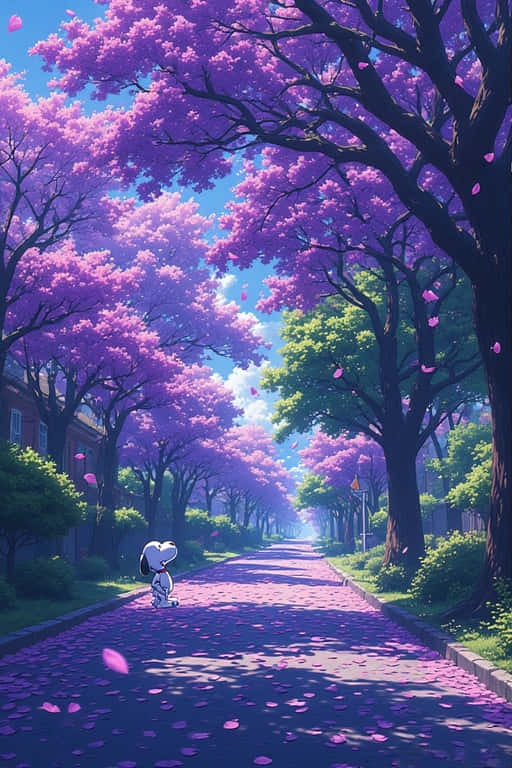 史努比在盛開的樹木下走在一條鋪滿紫色花瓣的街道上 — 4K 壁紙