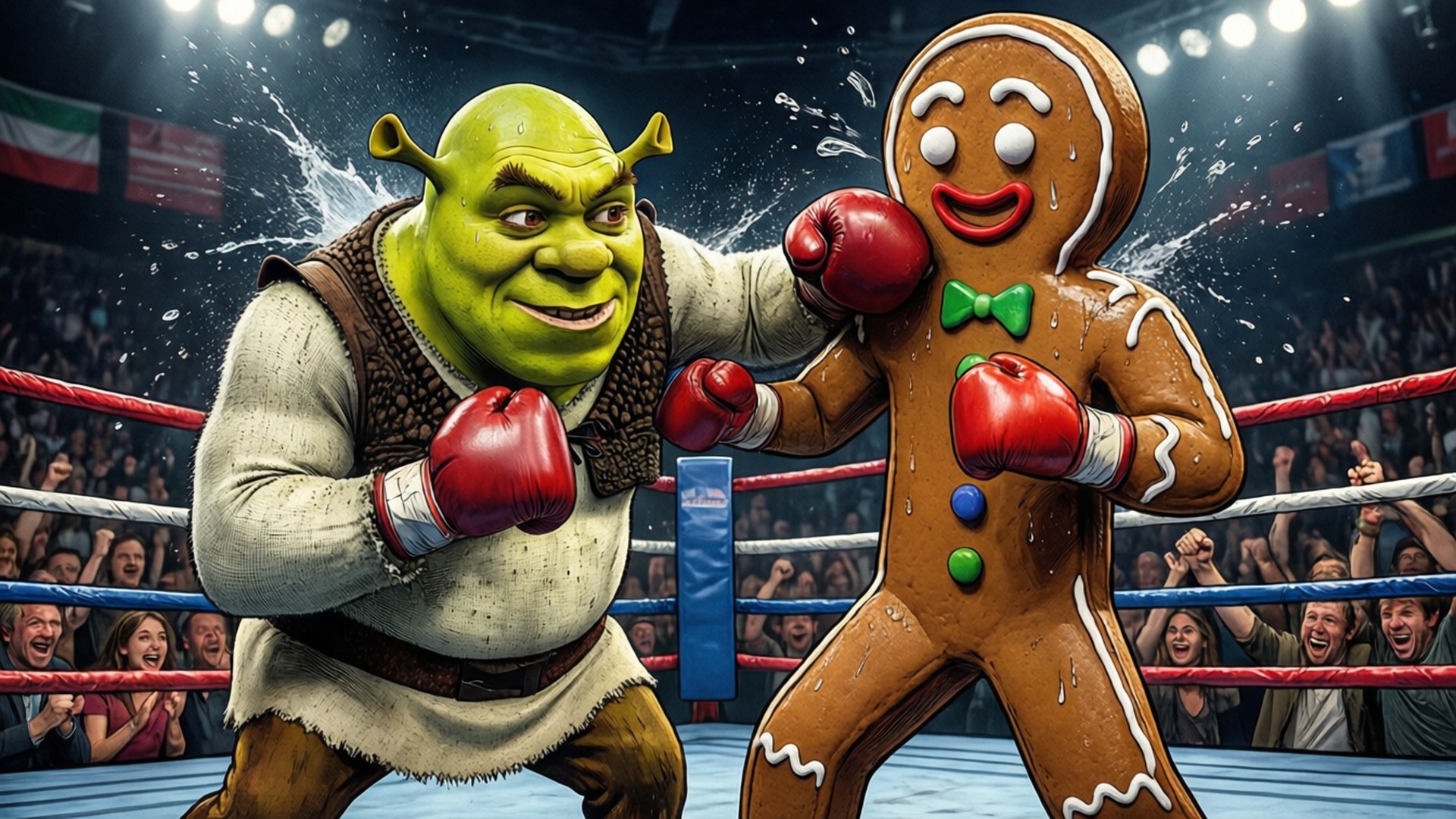 Ogre vs Gingy 壁紙 — 史瑞克戴著紅色拳擊手套，與一個微笑的薑餅人在擠滿觀眾的擂台上打鬥，周圍有水珠飛濺。