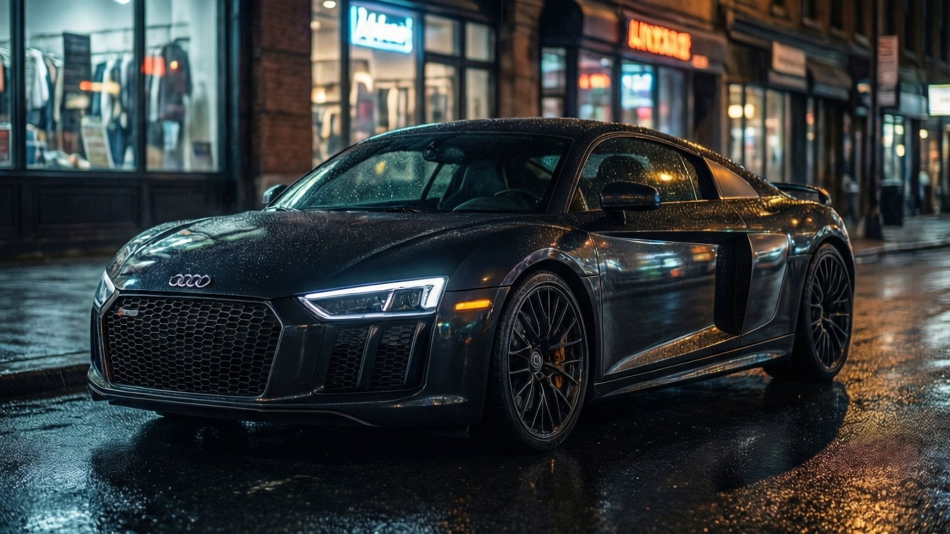 Night City R8 壁紙 — 一輛時尚的黑色奧迪R8跑車在夜晚濕漉漉的城市街道上，在霓虹燈下閃閃發光。