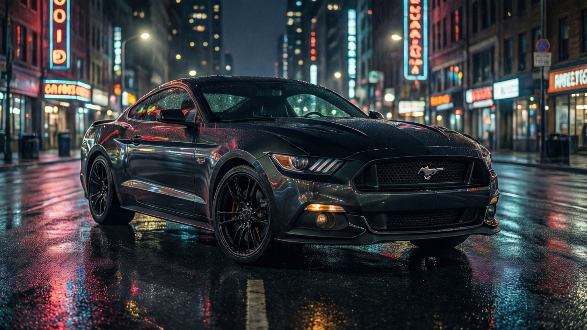 Neon Nights Mustang 壁紙 — 一輛時尚的黑色福特野馬在夜間霓虹燈下閃耀，行駛在雨濕的城市街道上。