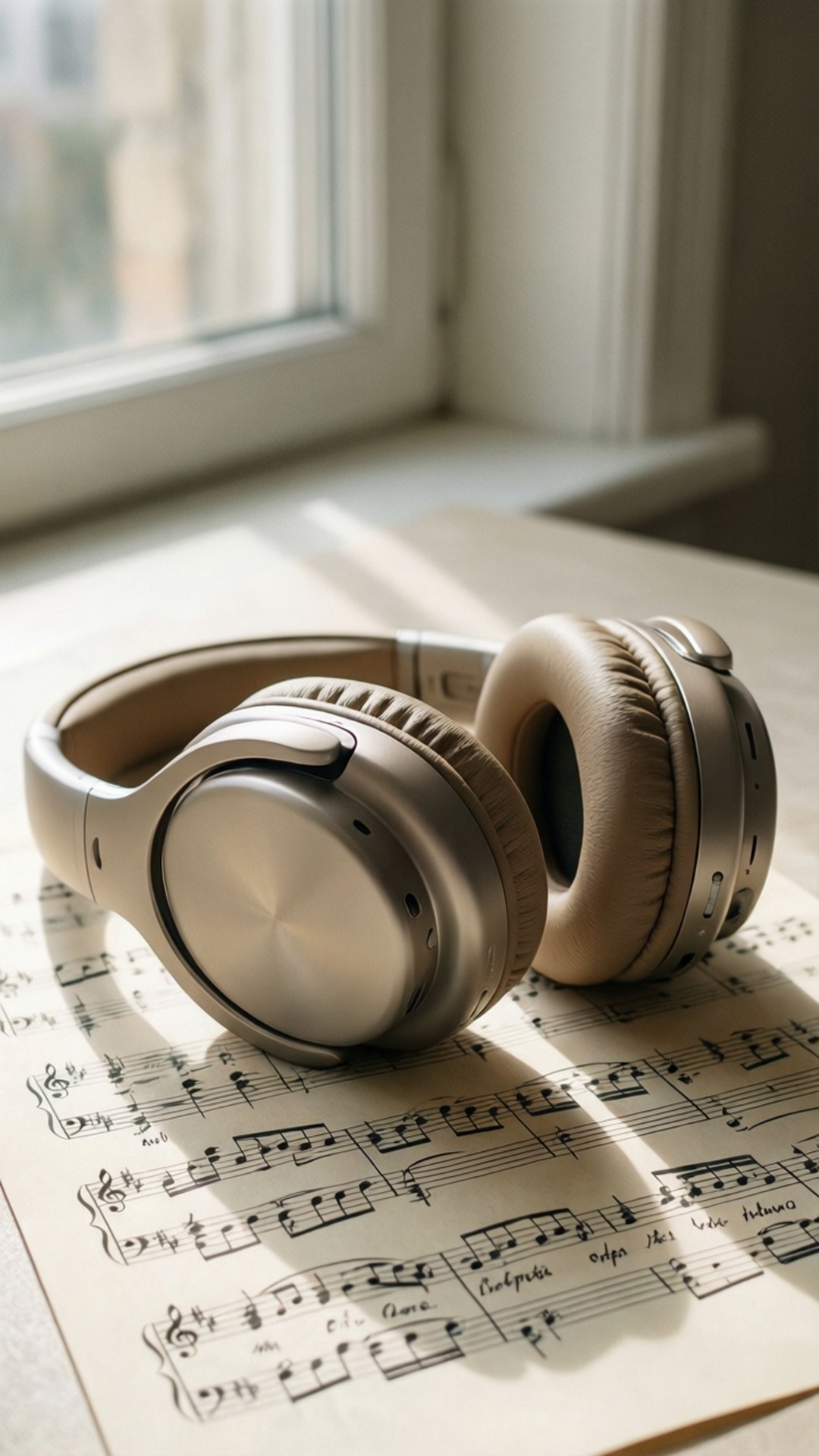 Headphones and Sheet Music 壁紙 — 時尚的米色頭戴式耳機放在樂譜上，沐浴在附近窗戶透進的柔和自然光中。