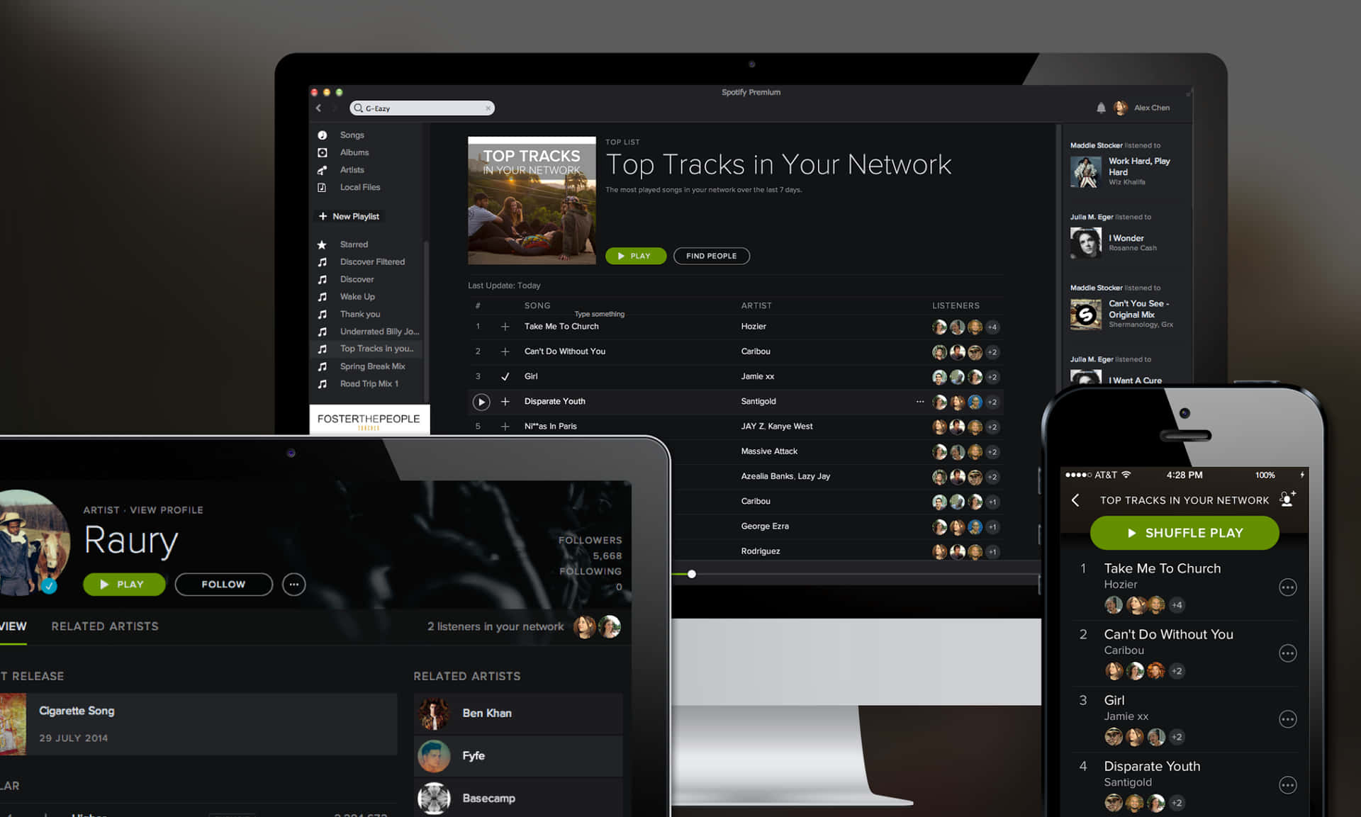 在筆記型電腦和手機上顯示網路中熱門曲目的 Spotify Premium 介面。 — iPad 壁紙