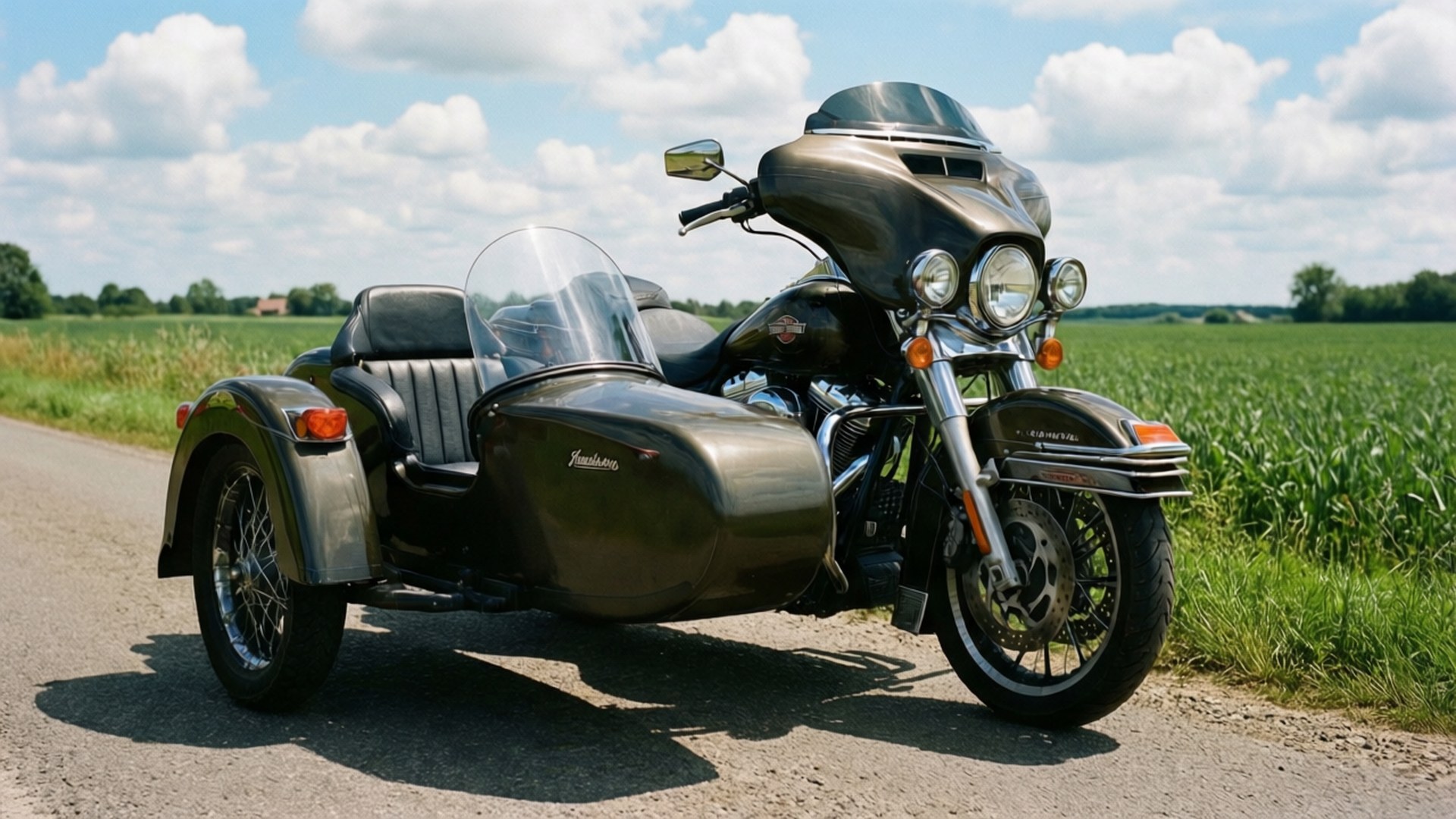 Sidecar Countryside 壁紙 — 一架時尚黑色哈雷戴維森三輪機車連側車，停泊在鄉村道路上，旁邊是綠色的田野，天空明亮多雲。