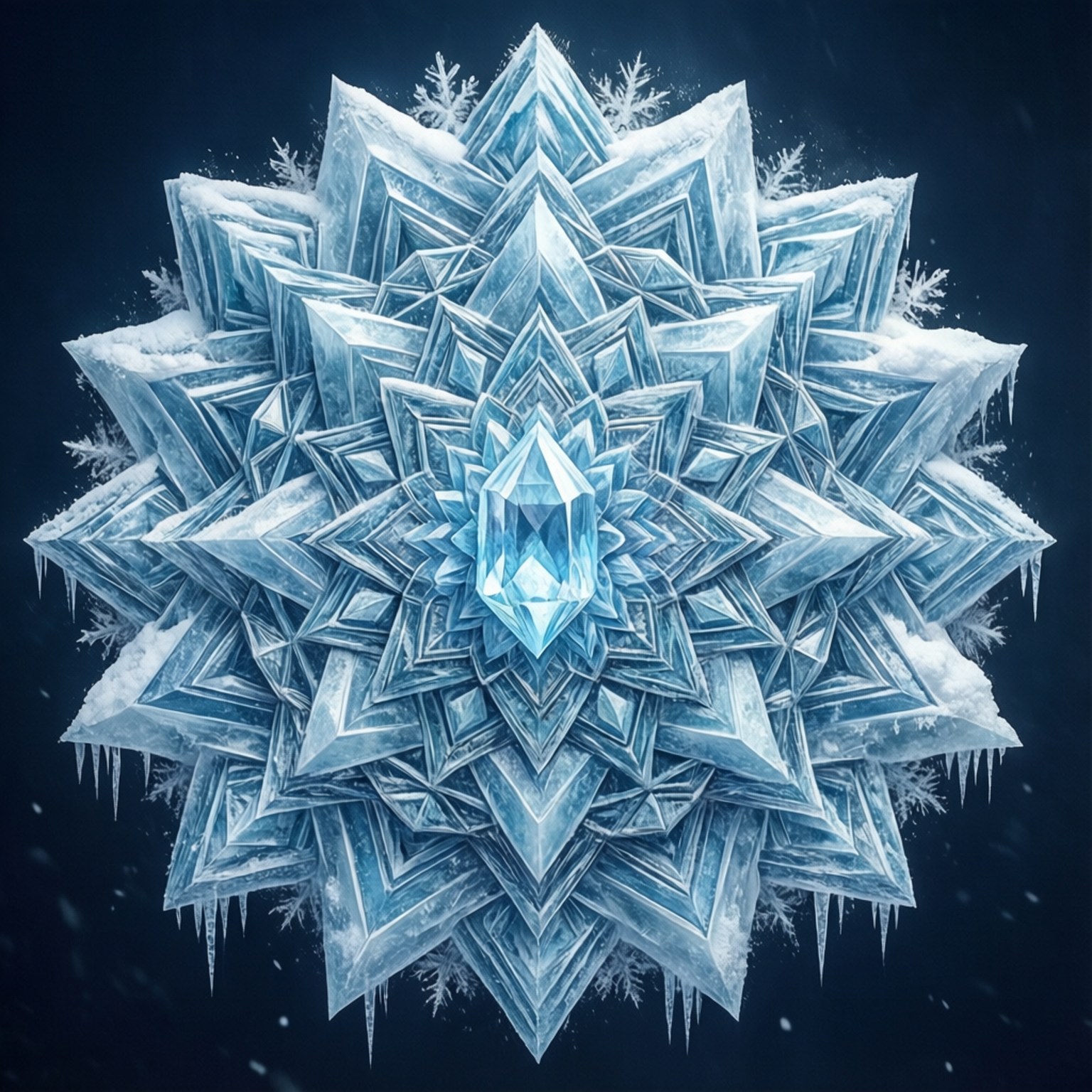 Crystal Ice Mandala 壁紙 — 在深藍色背景上，一個閃耀的藍色水晶雪花曼陀羅，帶有冰刺和霜凍細節。