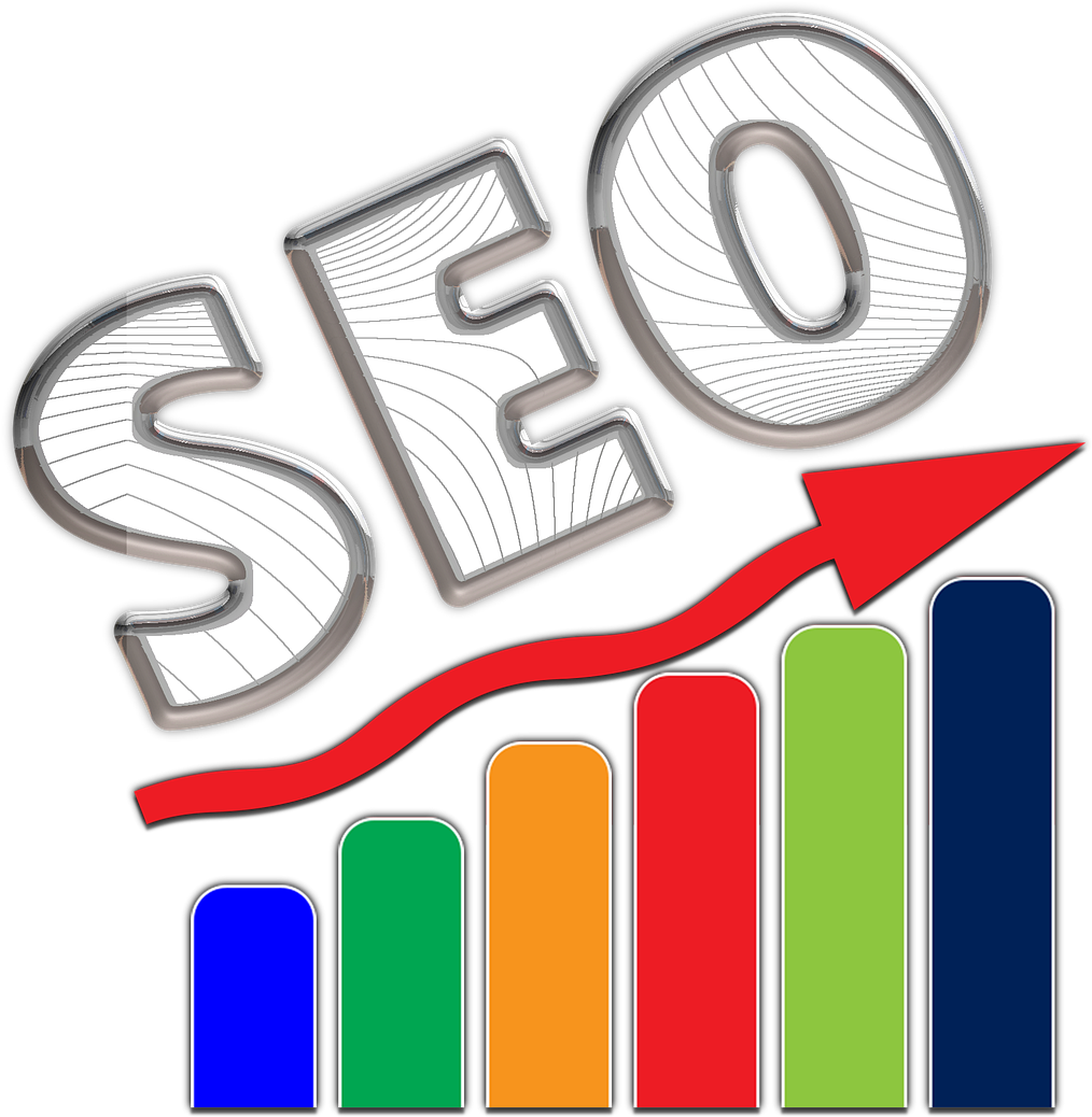 SEO文字帶有上升箭頭，位於彩色條形圖上方，表示增長。 — Google 壁紙