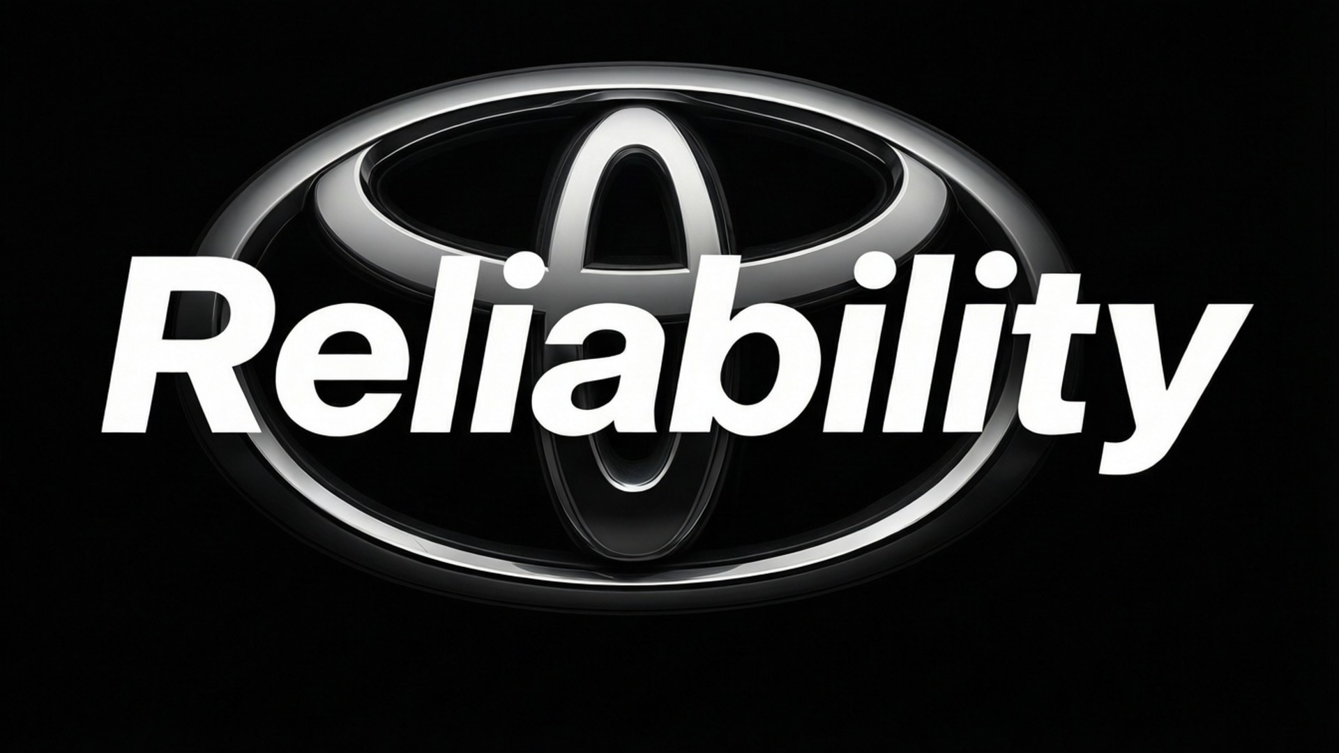 Toyota Reliability Quote 壁紙 — 閃亮鍍鉻豐田標誌居中於黑色背景上，粗體白色文字寫著可靠性。