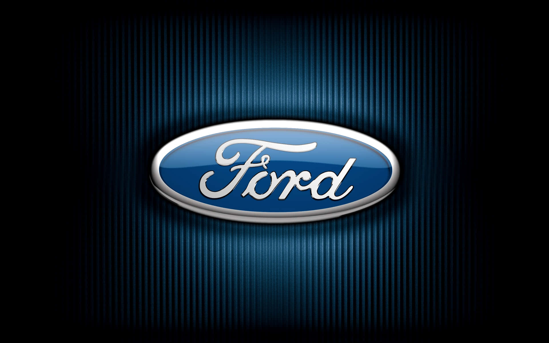Ford Logo 桌布 壁紙 — 閃亮的福特標誌在帶有垂直光條的深藍色紋理背景上發光。