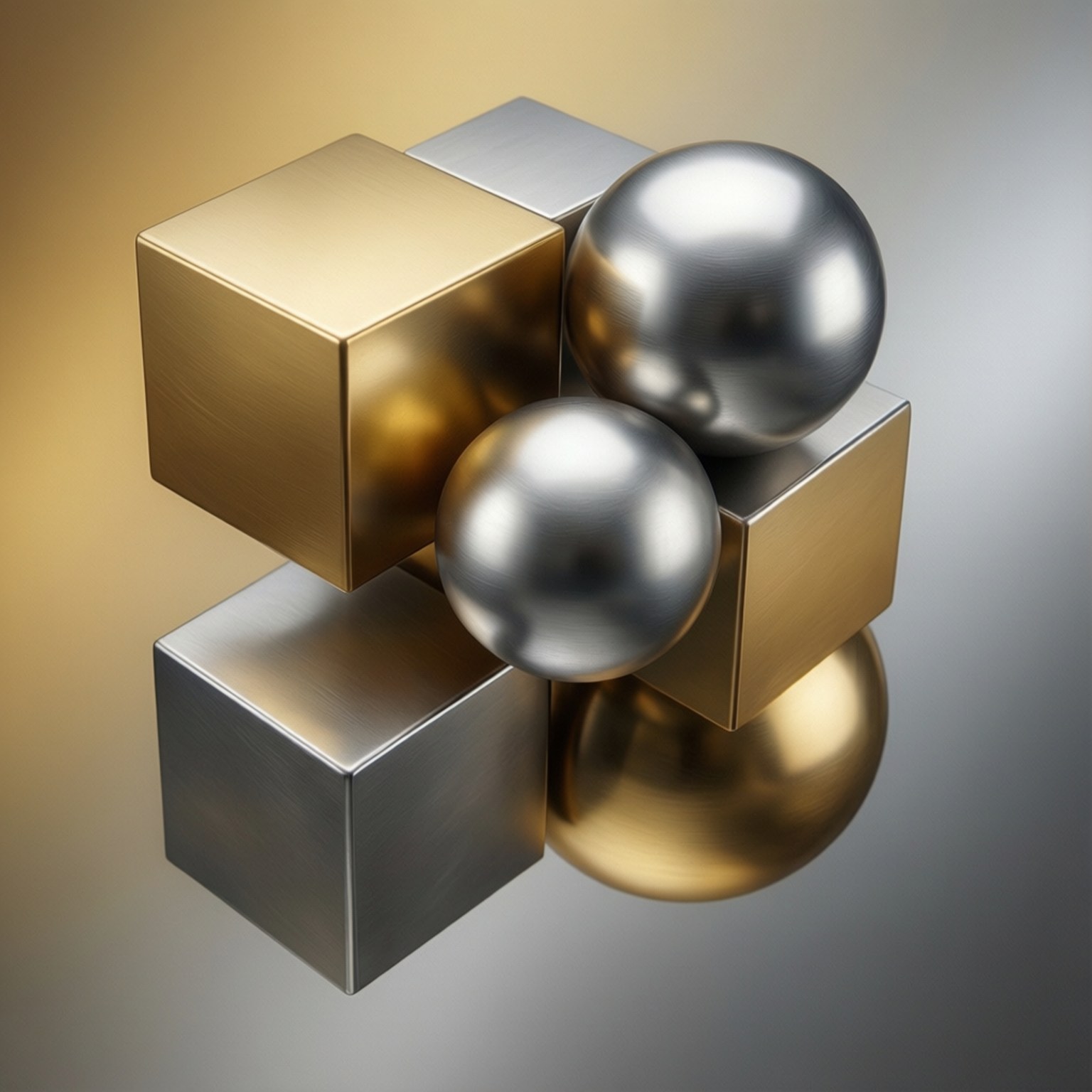 Chrome Geometry 壁紙 — 閃亮的金色和銀色立方體和球體以幾何簇狀排列在漸變背景上。