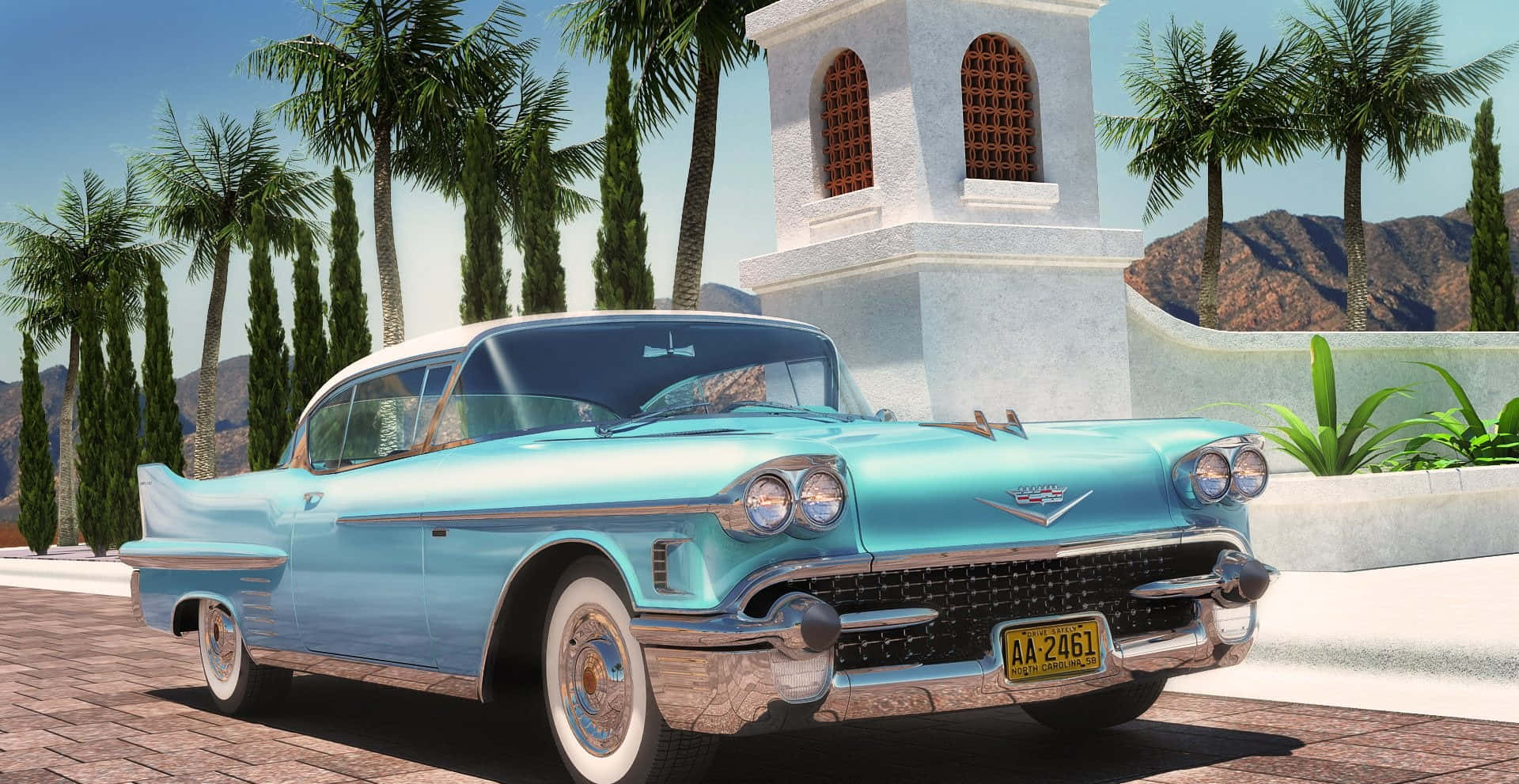 Cadillac Deville 桌布 壁紙 — 一輛閃亮的淺藍色1950年代凱迪拉克停放在瓷磚車道上，旁邊有棕櫚樹和一座白色小教堂，在清澈的藍天下。