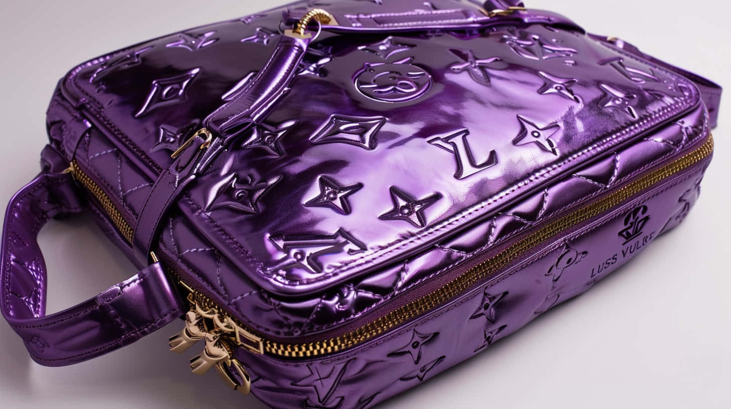  壁紙 — 閃亮金屬紫色 Louis Vuitton 手提包，配金色金屬配件及壓花字母組合圖案。