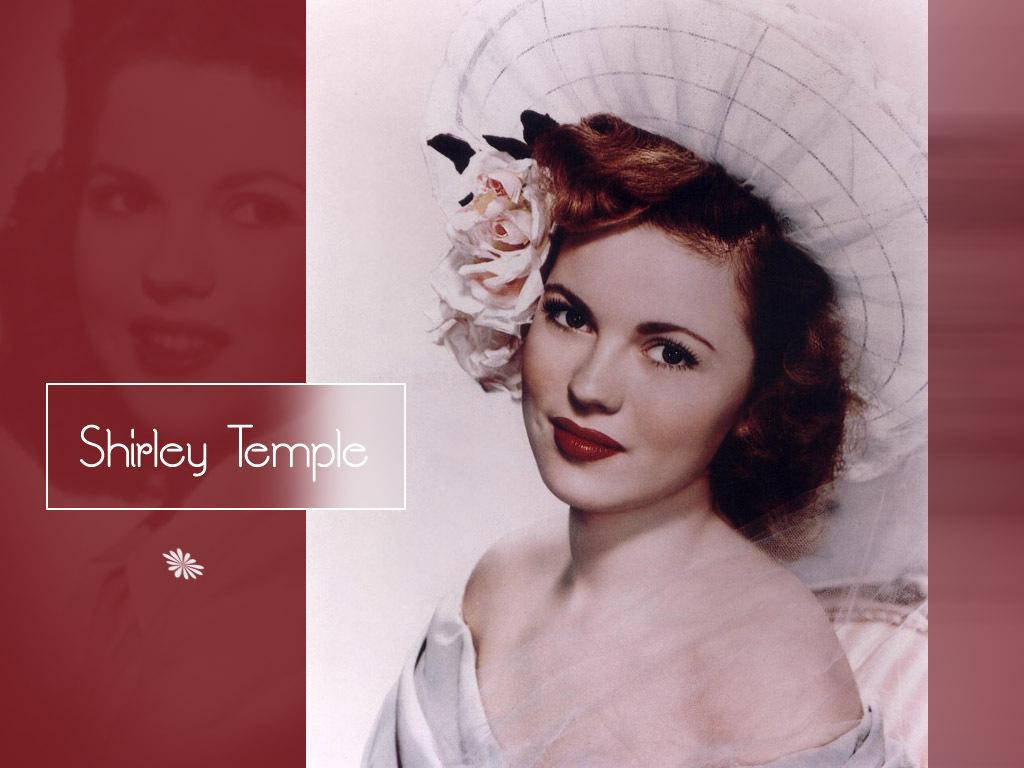 廟宇 桌布 壁紙 — Shirley Temple 的復古肖像，戴著帶花的白色帽子和紅色唇膏，背景為柔和的紅色和白色。