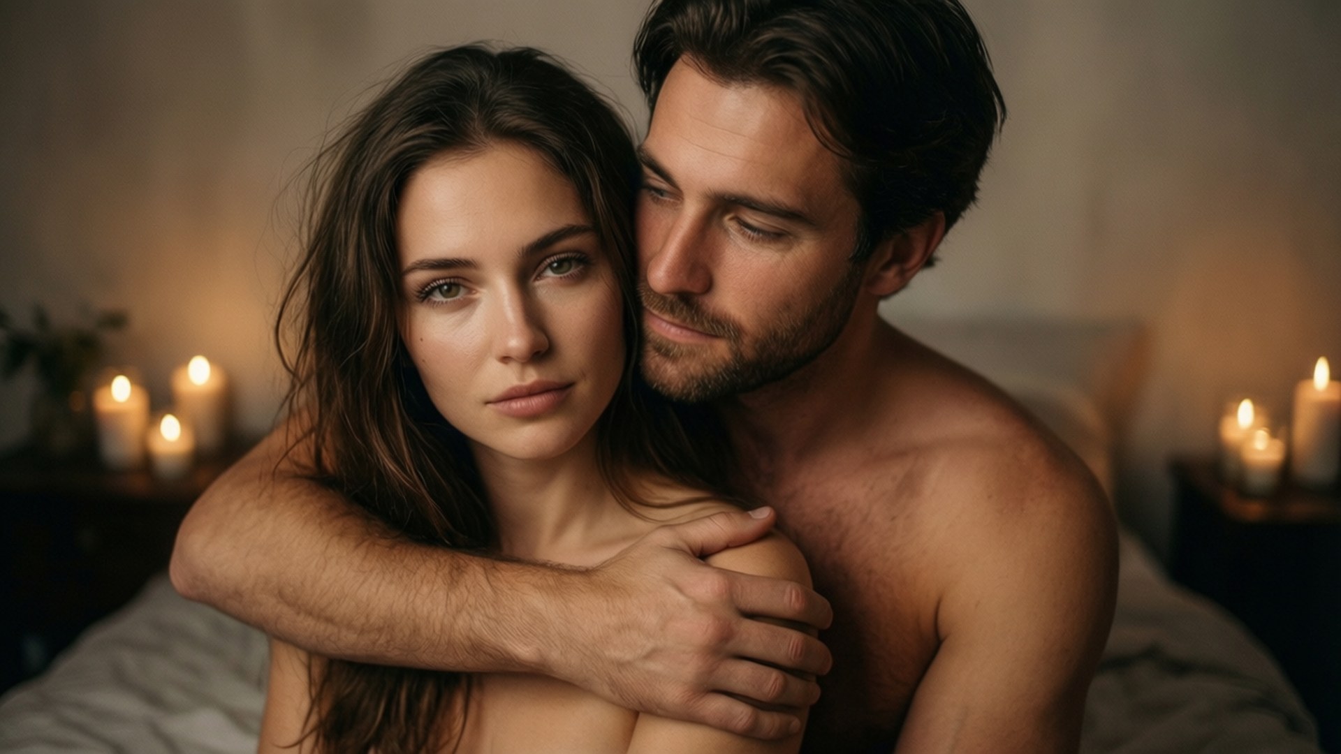 Intimate Embrace 壁紙 — 一個赤裸上身的男人擁抱著一個女人，他們一起躺在被發光蠟燭包圍的床上。