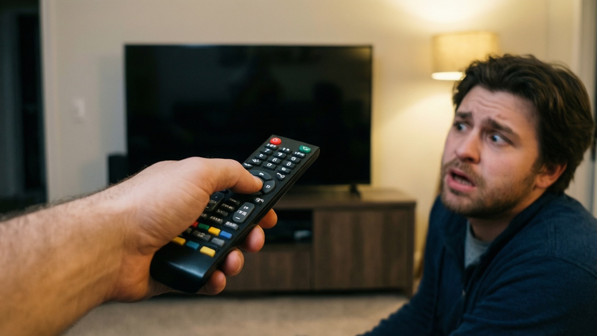 Fake Remote Prank 壁紙 — 一個男人看起來很震驚，因為一隻手拿著遙控器對著他，在燈光昏暗的客廳裡。