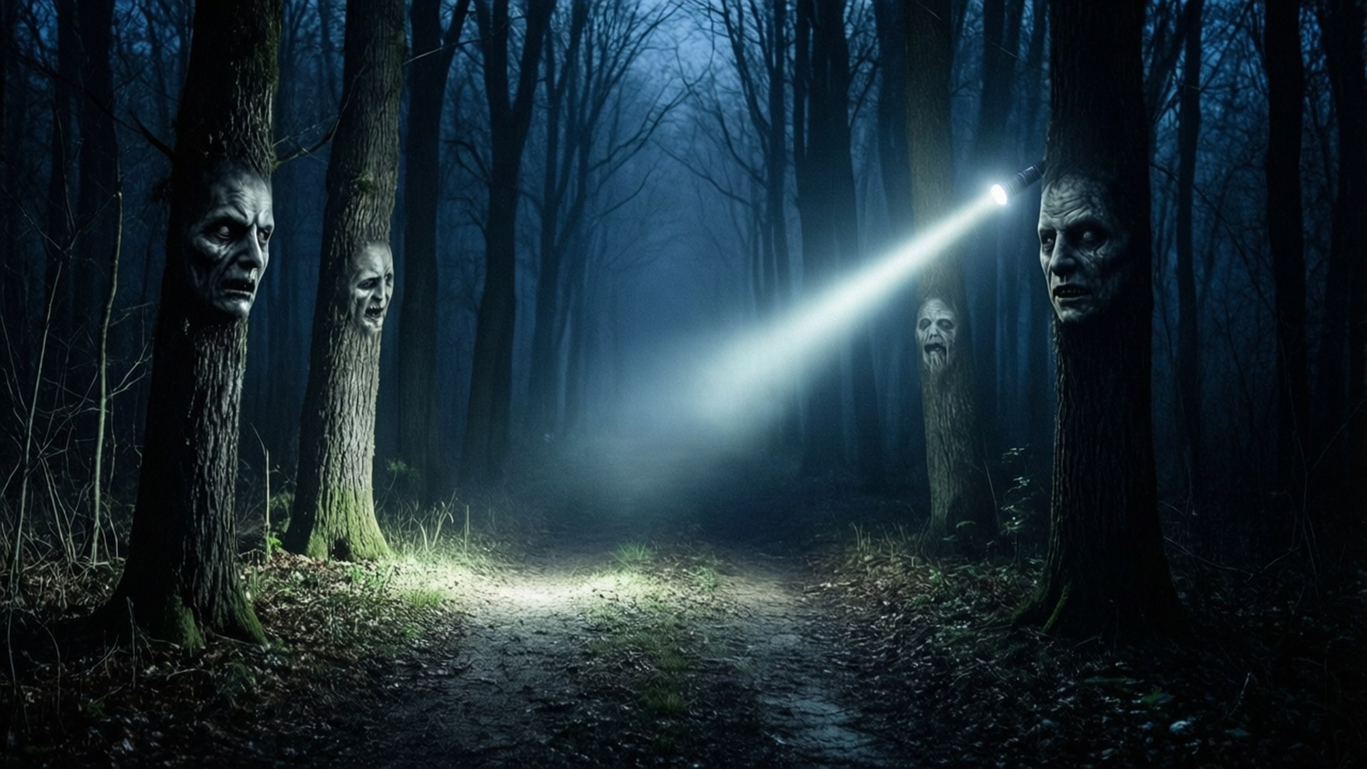 Flashlight Forest Path 壁紙 — 手電筒光束穿過迷霧黑暗的森林，顯露出帶有怪異人臉凝視的樹幹。