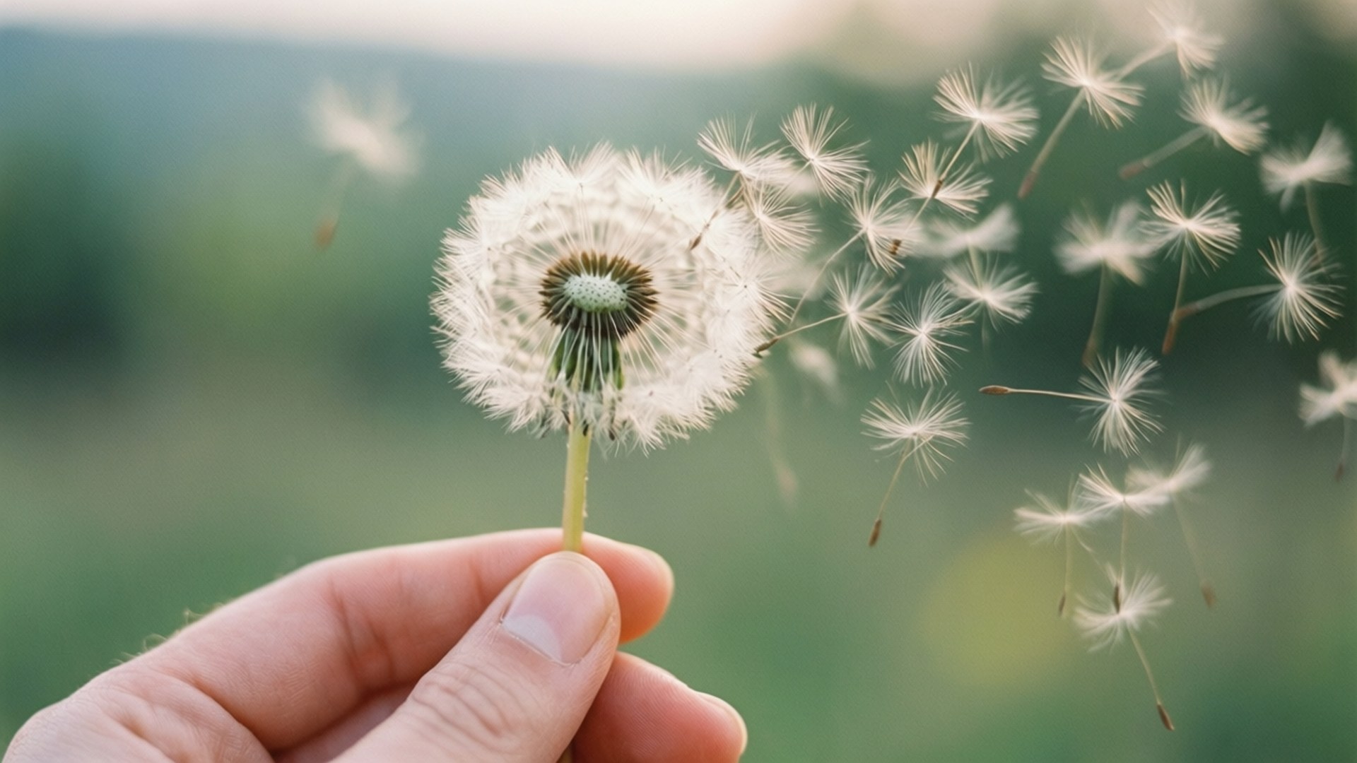 Dandelion Wishes 壁紙 — 一隻手輕輕握住蒲公英的絨球，其絨毛種子在微風中飄散，背景是模糊的綠色。