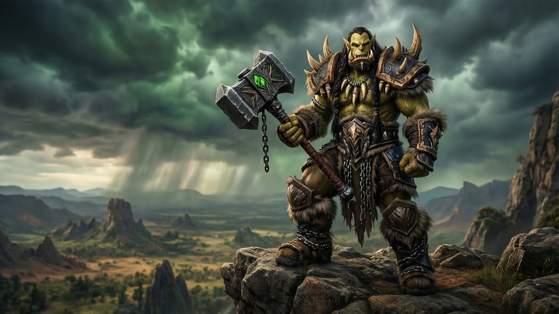 Thrall's Gaze 壁紙 — 一個綠色皮膚的獸人戰士穿著尖刺盔甲，站在岩石懸崖上，在暴風雨的綠色天空下舉著發光的錘子。