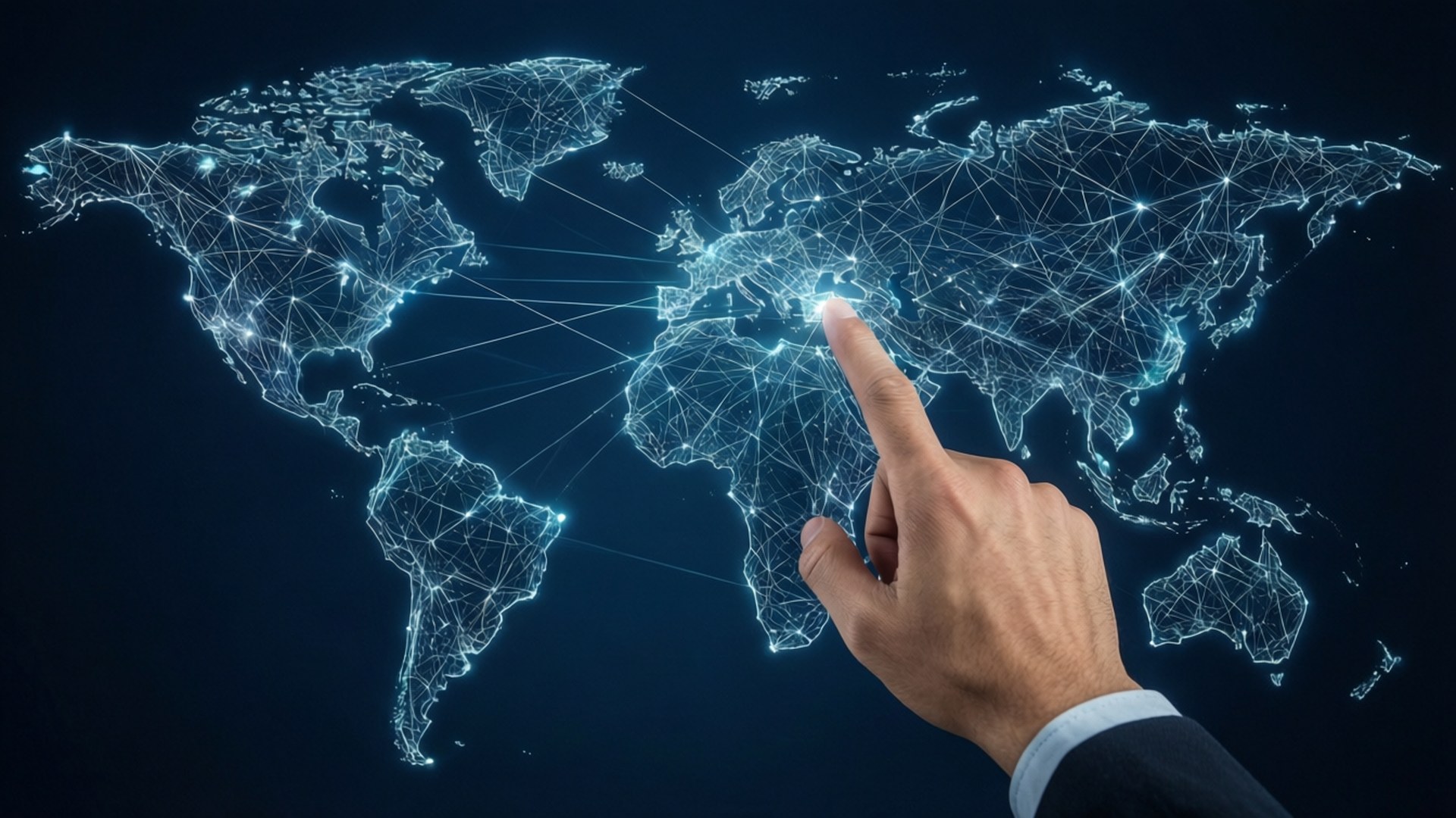 Global Network Expansion 壁紙 — 一隻穿著西裝的手指向一個發光的藍色數位世界地圖，地圖由光線連接，背景為深色。