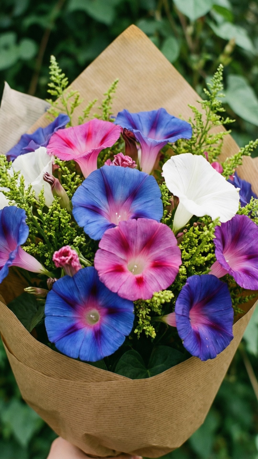 Mixed Bouquet Morning Glory 壁紙 — 一束充滿活力的藍色、粉紅色和白色牽牛花，用棕色紙包裹，握在綠色樹葉前。