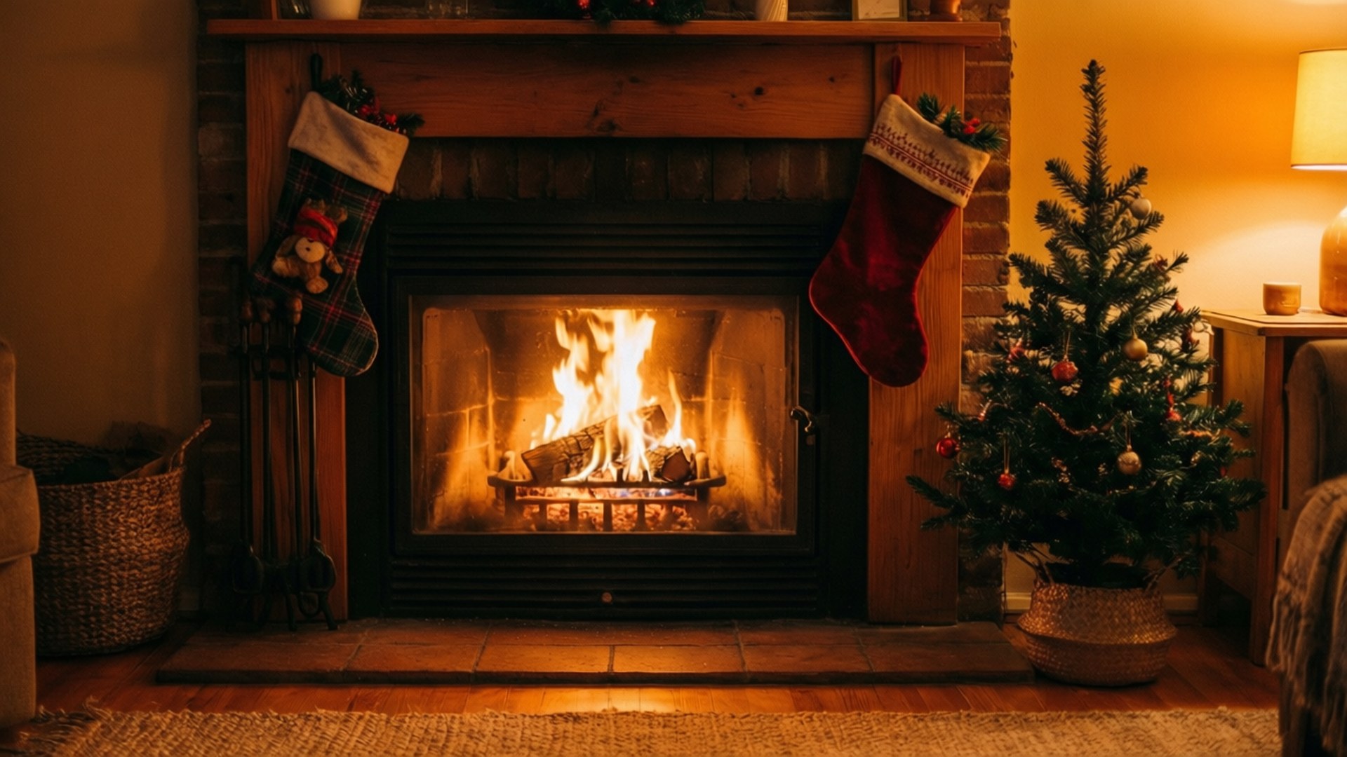 Cozy Fireplace 壁紙 — 一個舒適的壁爐噼啪作響，溫暖的火焰上方掛著兩隻長襪，旁邊是一棵裝飾好的聖誕樹，在柔和燈光下閃閃發光。