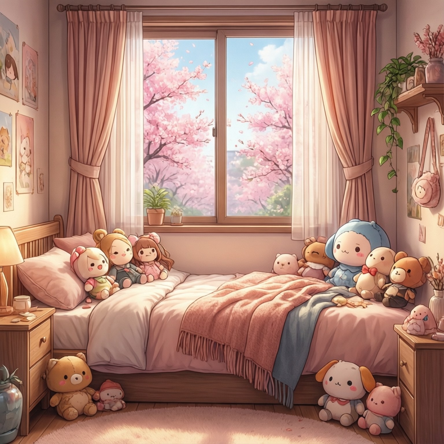 Cozy Anime Room 壁紙 — 舒適的兒童臥室，透過蜜桃色窗簾框起的窗戶可以看到粉紅色櫻花，床上放滿絨毛玩具。