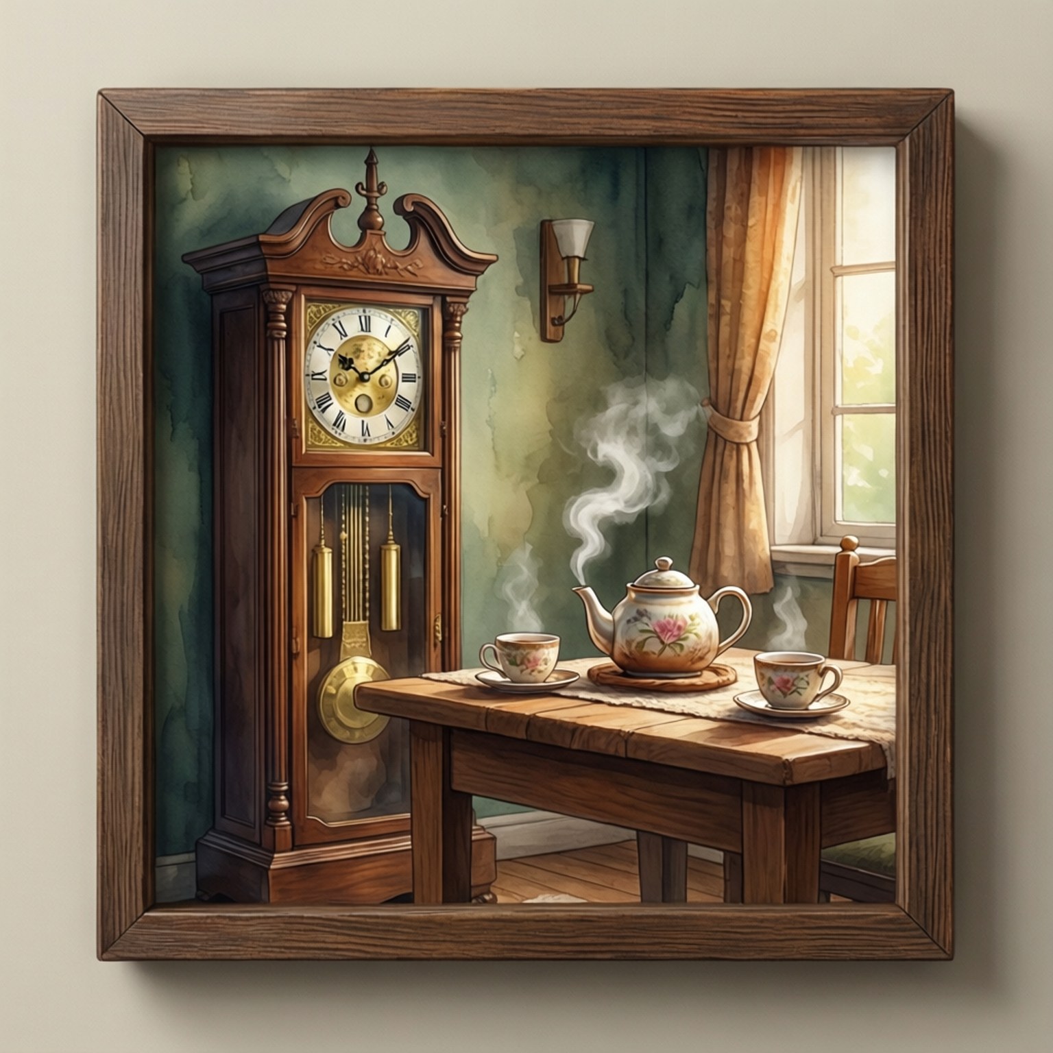 Clock That Tea 桌布 壁紙 — 舒適的復古房間，木製老爺鐘旁邊的桌子上放著冒煙的花茶壺和杯子，靠近陽光充足的窗戶。