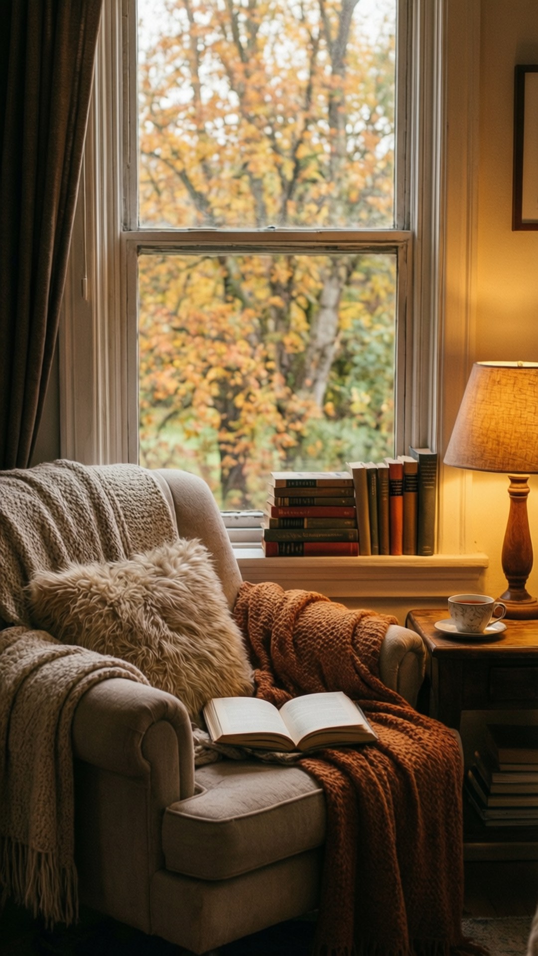 Autumn Reading Nook 壁紙 — 舒適的扶手椅披著質感毛毯和蓬鬆枕頭，放在可以看到秋樹的窗邊，附近有一盞亮著的燈和一本打開的書。
