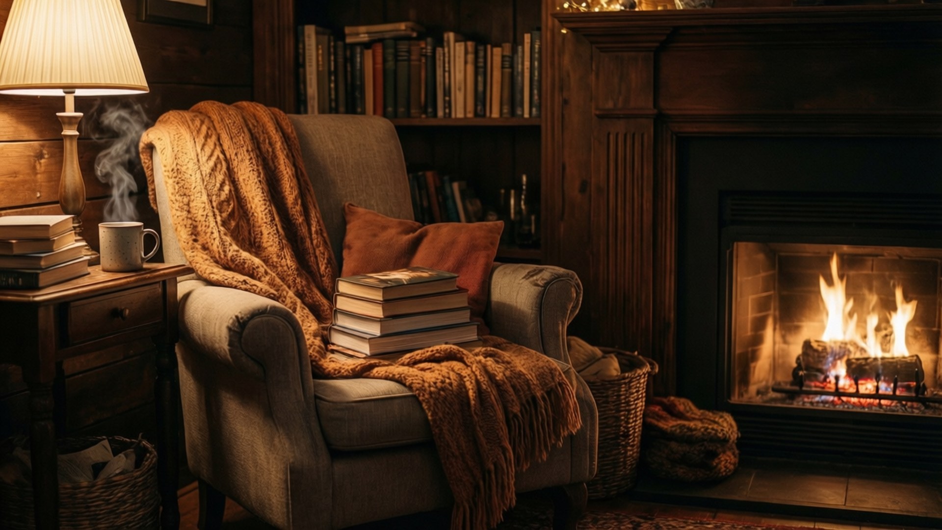 Fireplace Reading Nook 壁紙 — 舒適的扶手椅上披著溫暖的橙色針織毯子，旁邊是劈啪作響的壁爐，附近有堆疊的書籍和冒著熱氣的杯子。